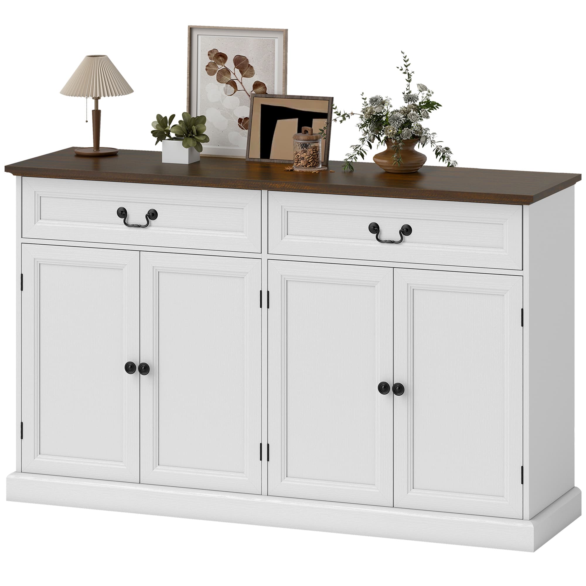 HOMCOM Buffet salon, meuble de rangement avec 4 portes, 2 tiroirs silencieux, étagères réglables, 140x40x85cm, blanc et marron