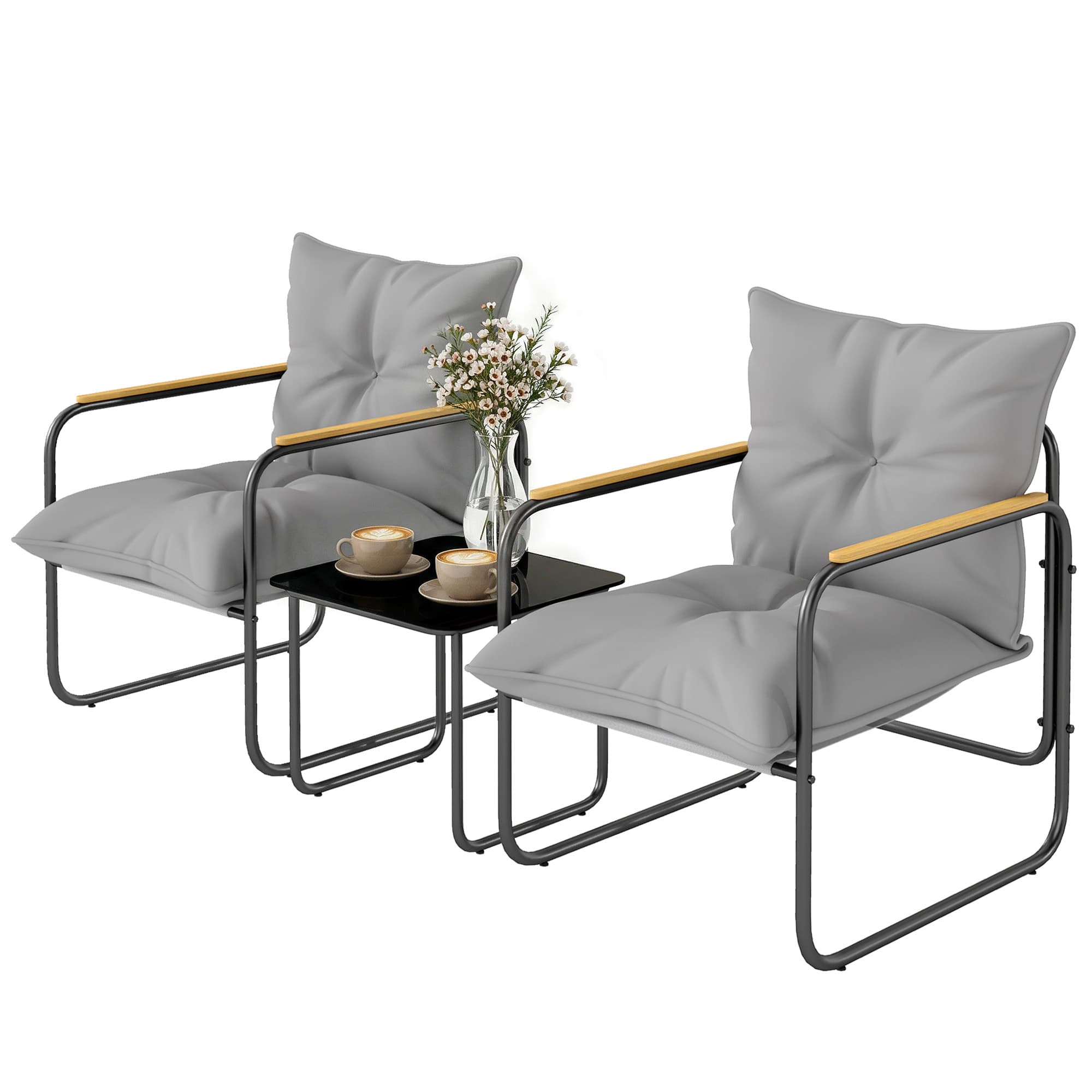 Outsunny Salon de Jardin 3 Pièces, 2 Fauteuils avec Coussins Épais, 1 Table Basse en Verre Trempé, 59x73x72cm, Gris Foncé