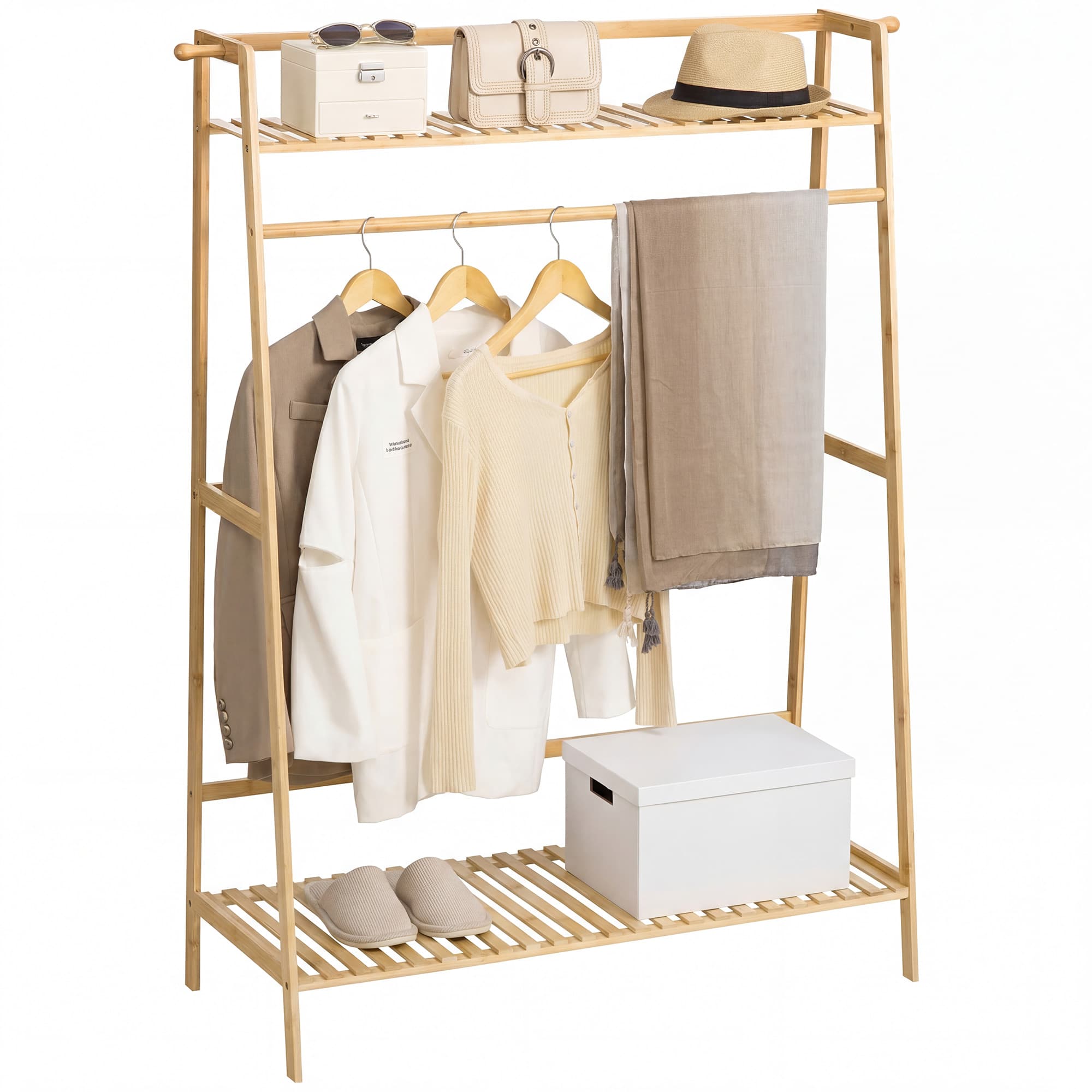 HOMCOM Portant à vêtements penderie porte-manteau avec 2 étagères 2 crochets et 1 barre de suspension en bambou Aosom France
