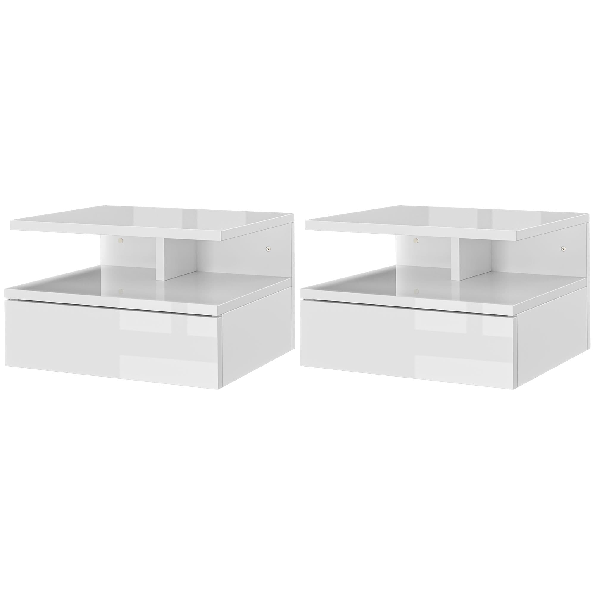 HOMCOM Lot de 2 tables de chevet murales tables de nuit tiroir coulissant, niche, plateau, 35 x 32 x 22,5 cm blanc