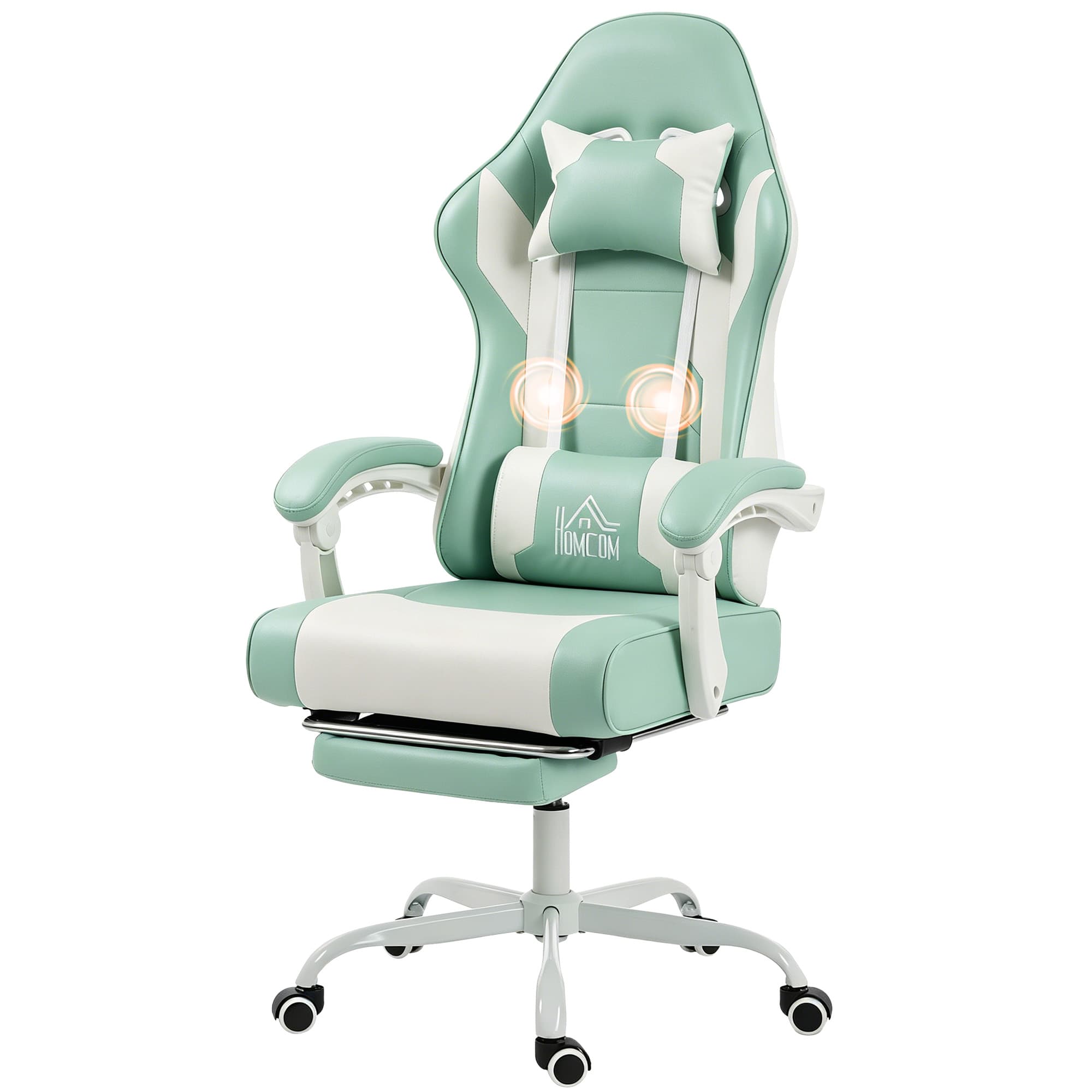 HOMCOM Chaise Gamer avec Massage Lombaire à Vibration Inclinable 155° Hauteur Réglable Appuie-tête et Repose-pieds Rétractable Bleu