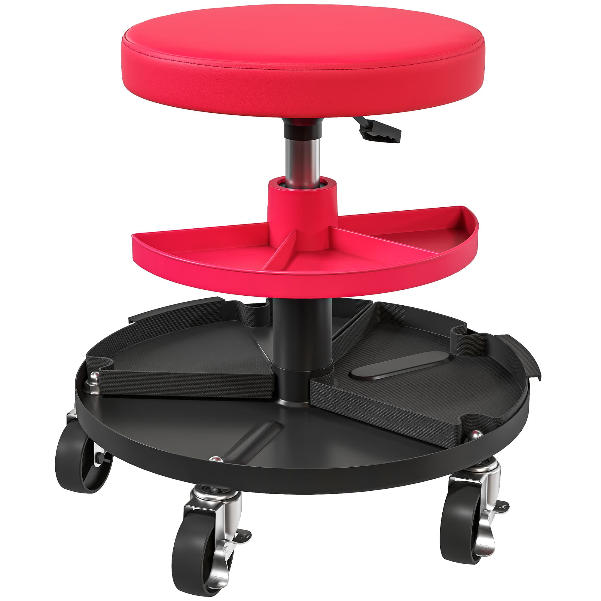 HOMCOM Tabouret d'atelier à roulettes 6 cm, capacité jusqu'à 135 kg, hauteur réglable 40-51 cm, avec plateaux porte-outils, Rouge