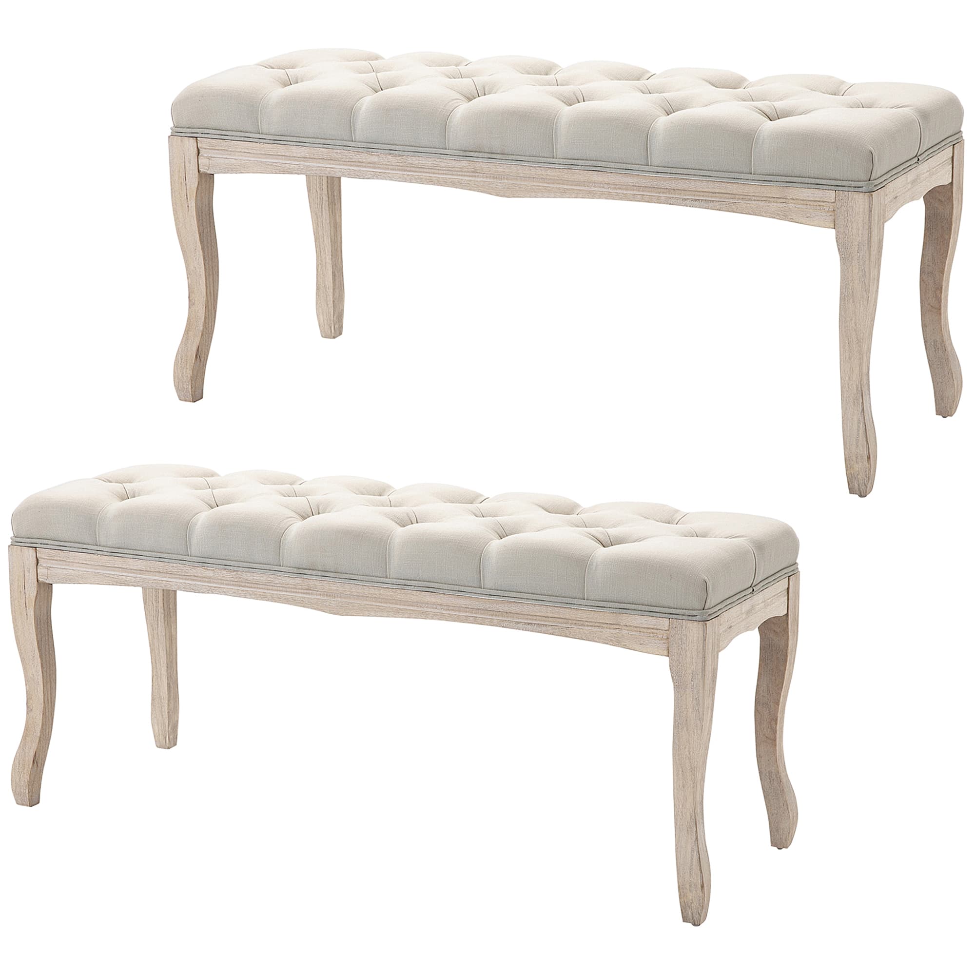 HOMCOM Lot de 2 banc Banquette capitonnée Style Classique 110 cm Bout de lit Rembourrée en lin piètement Bois hévéa sculpté