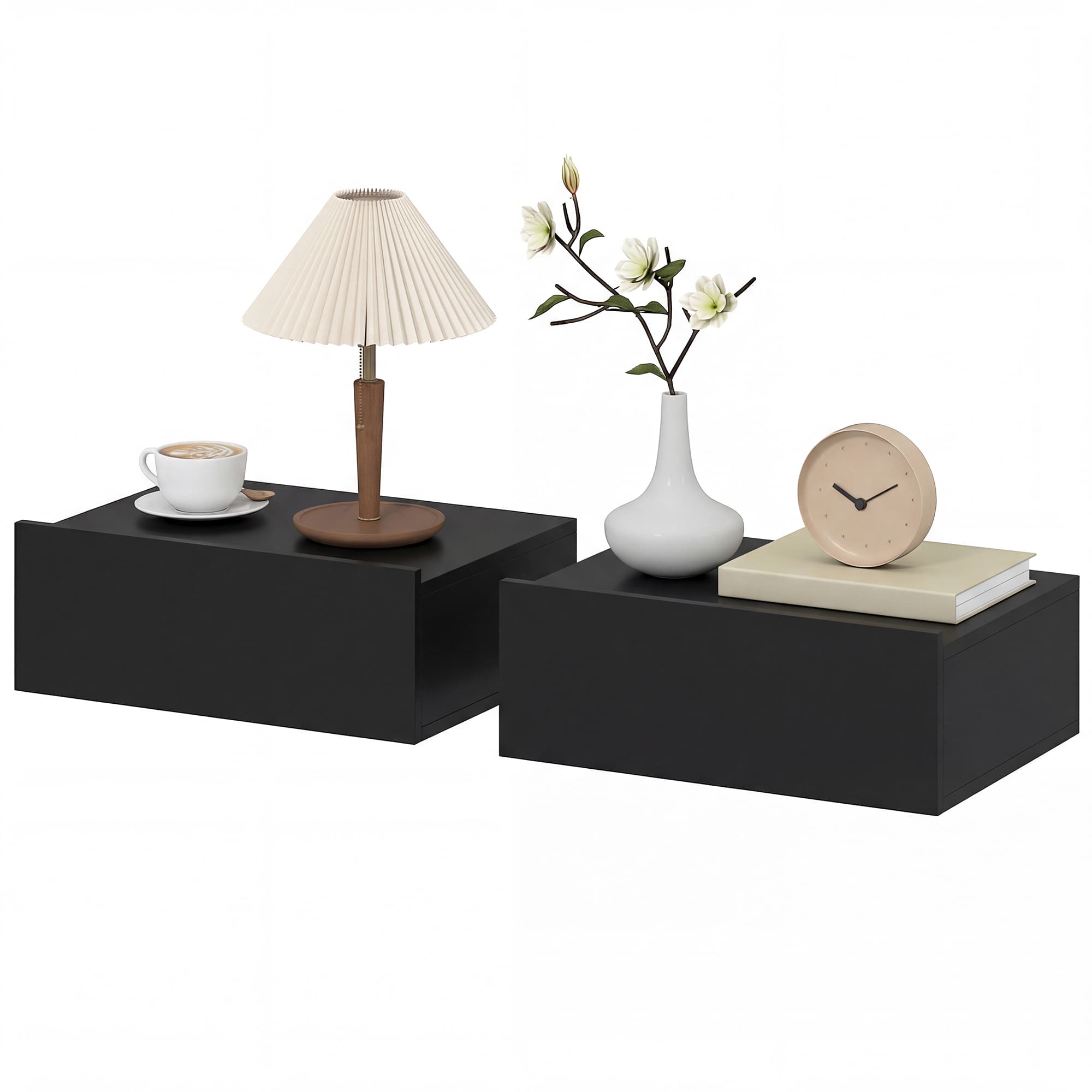 HOMCOM Lot de 2 tables de chevet murales, tables de nuit suspendues avec tiroir coulissant, 40 x 30 x 15 cm, noir