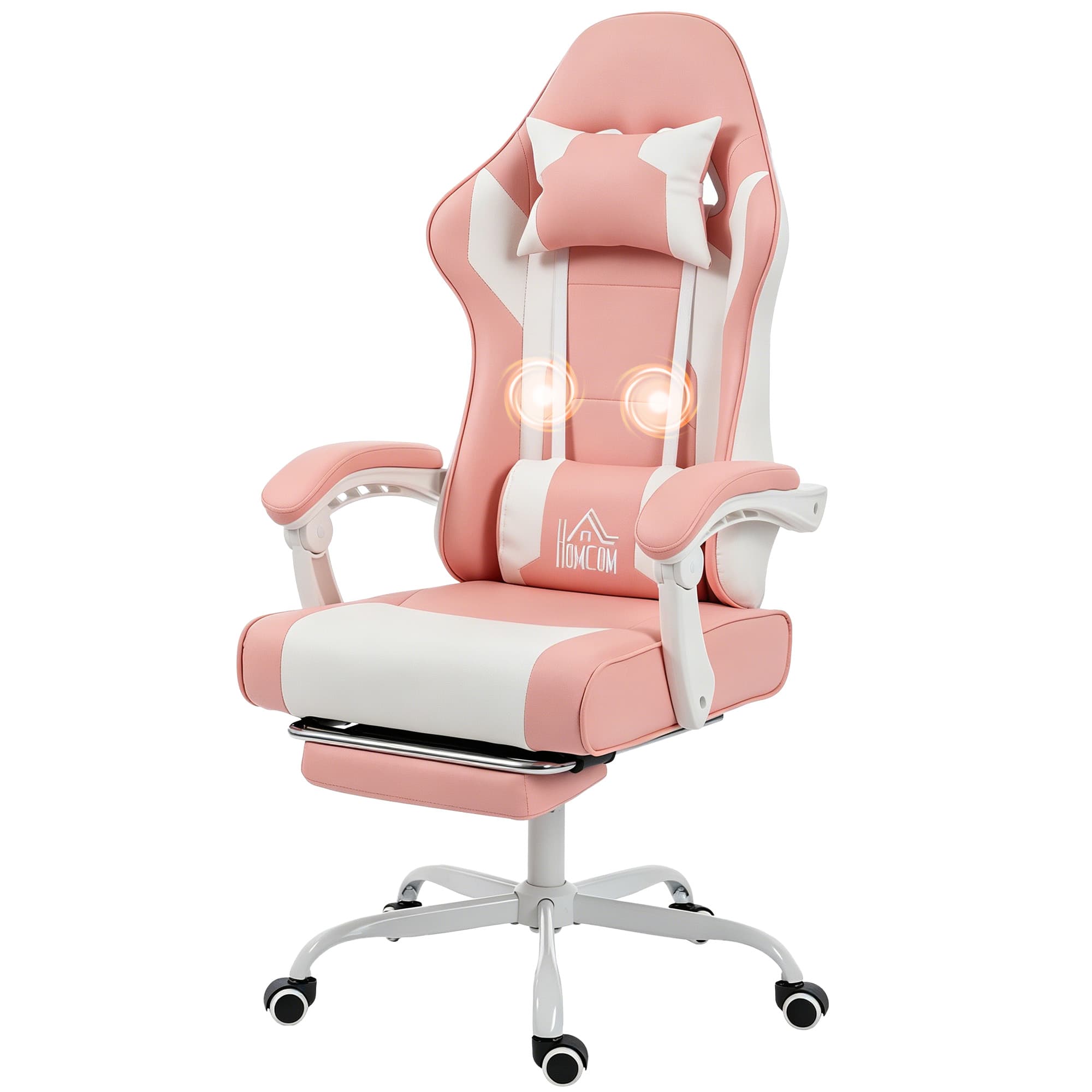 HOMCOM Chaise gamer avec massage lombaire par vibration inclinable 155° hauteur réglable appui-tête et repose-pieds escamotable rose