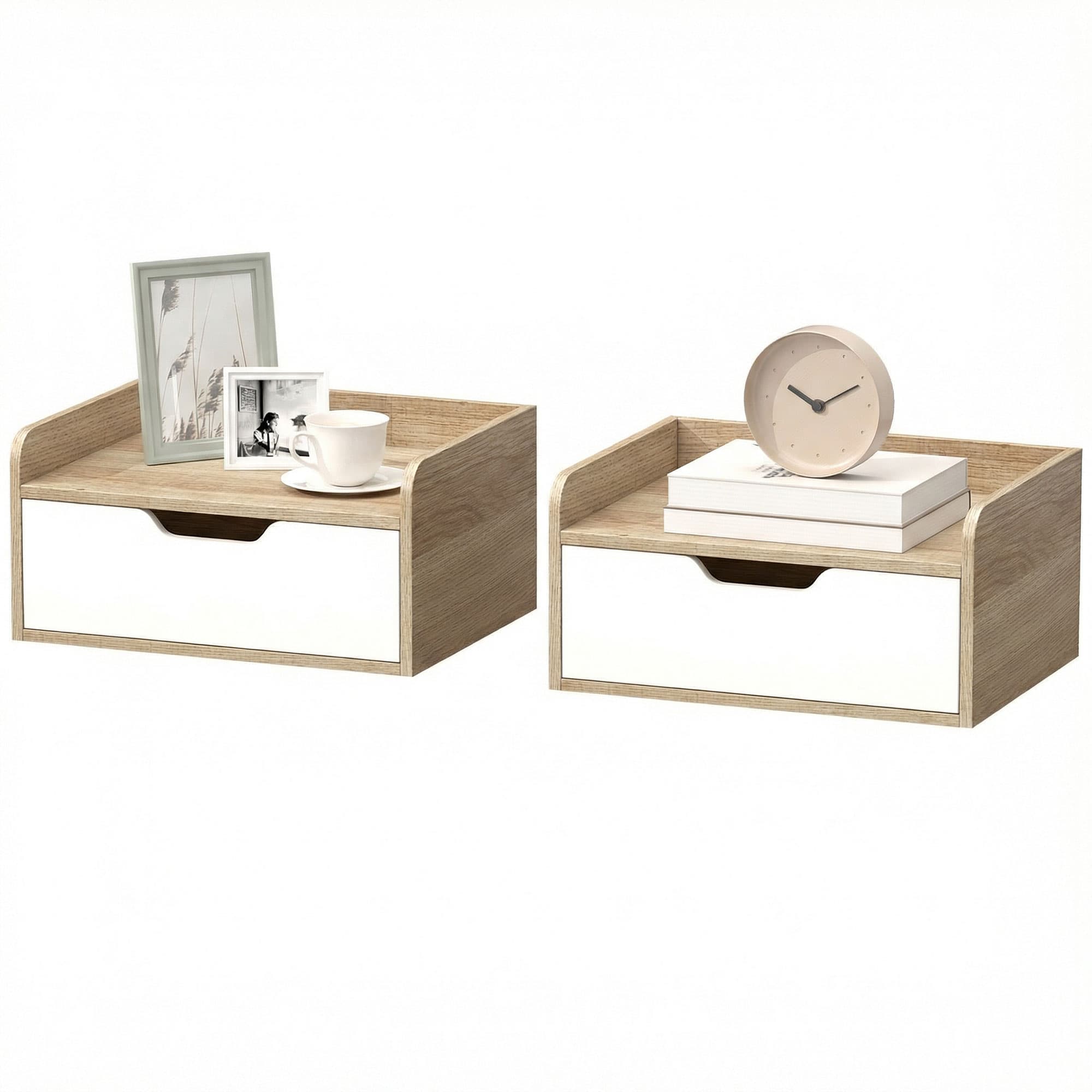 HOMCOM Lot de 2 tables de chevet murales, tables de nuit avec tiroir et plateau à rebords surélevés, 40x30x19,5cm, bois naturel