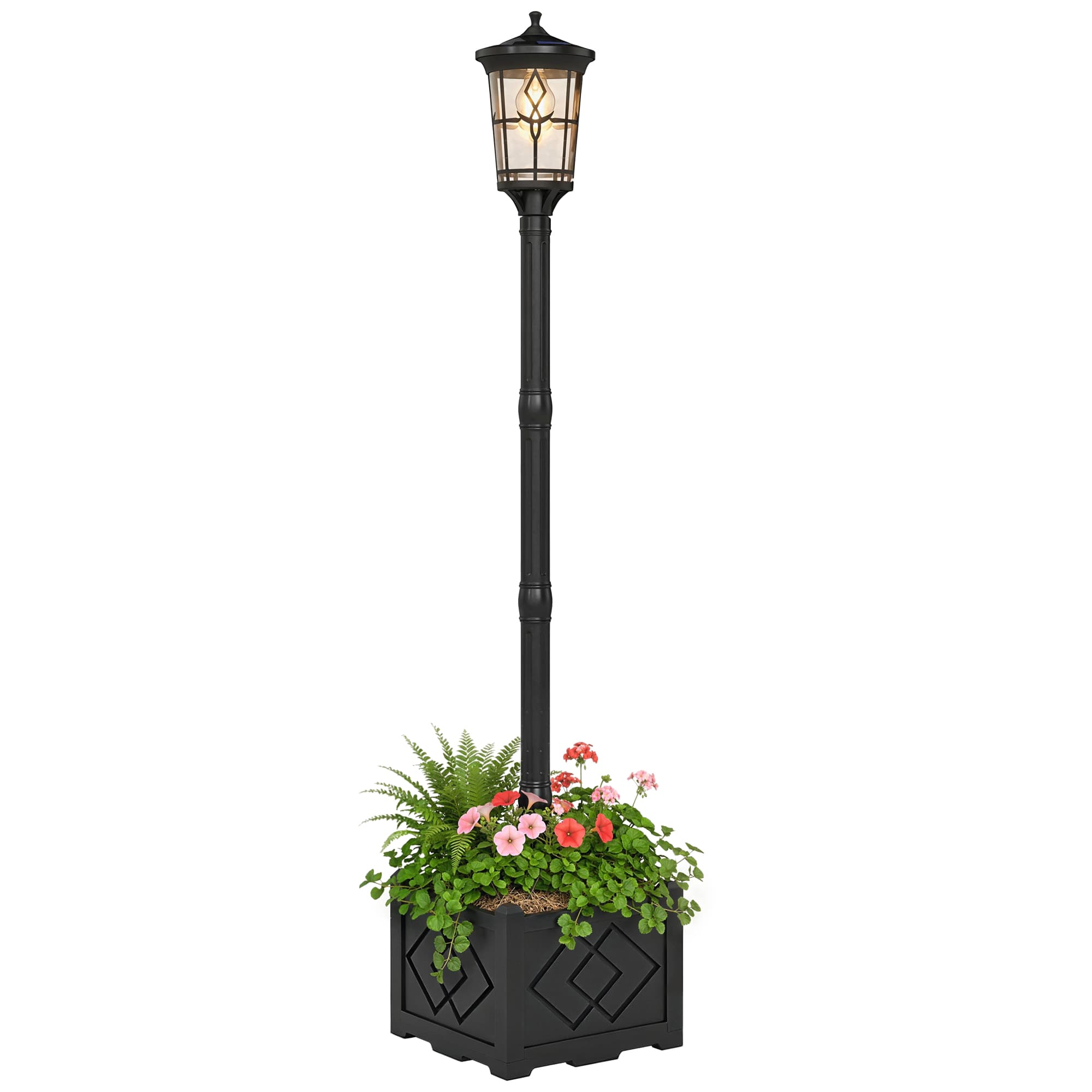 Outsunny Lampadaire Solaire Extérieur de Jardin avec Jardinière 2 Modes de Luminosité 100/50 lm IP44 Allumage/Extinction Automatique Noir