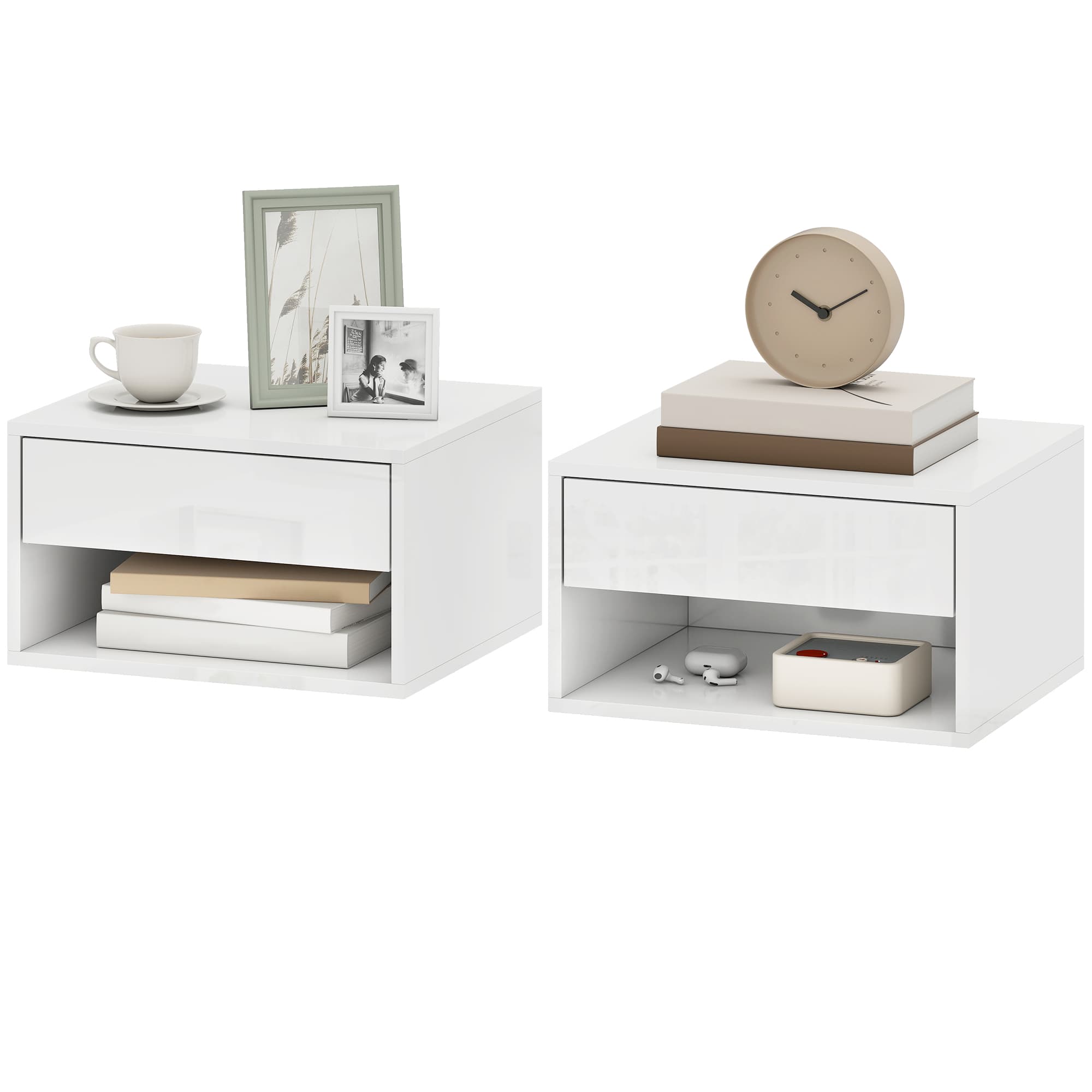 HOMCOM Lot de 2 tables de chevet murales, tables de nuit, tiroir, compartiment ouvert, plateau, 37 x 32 x 21 cm, blanc