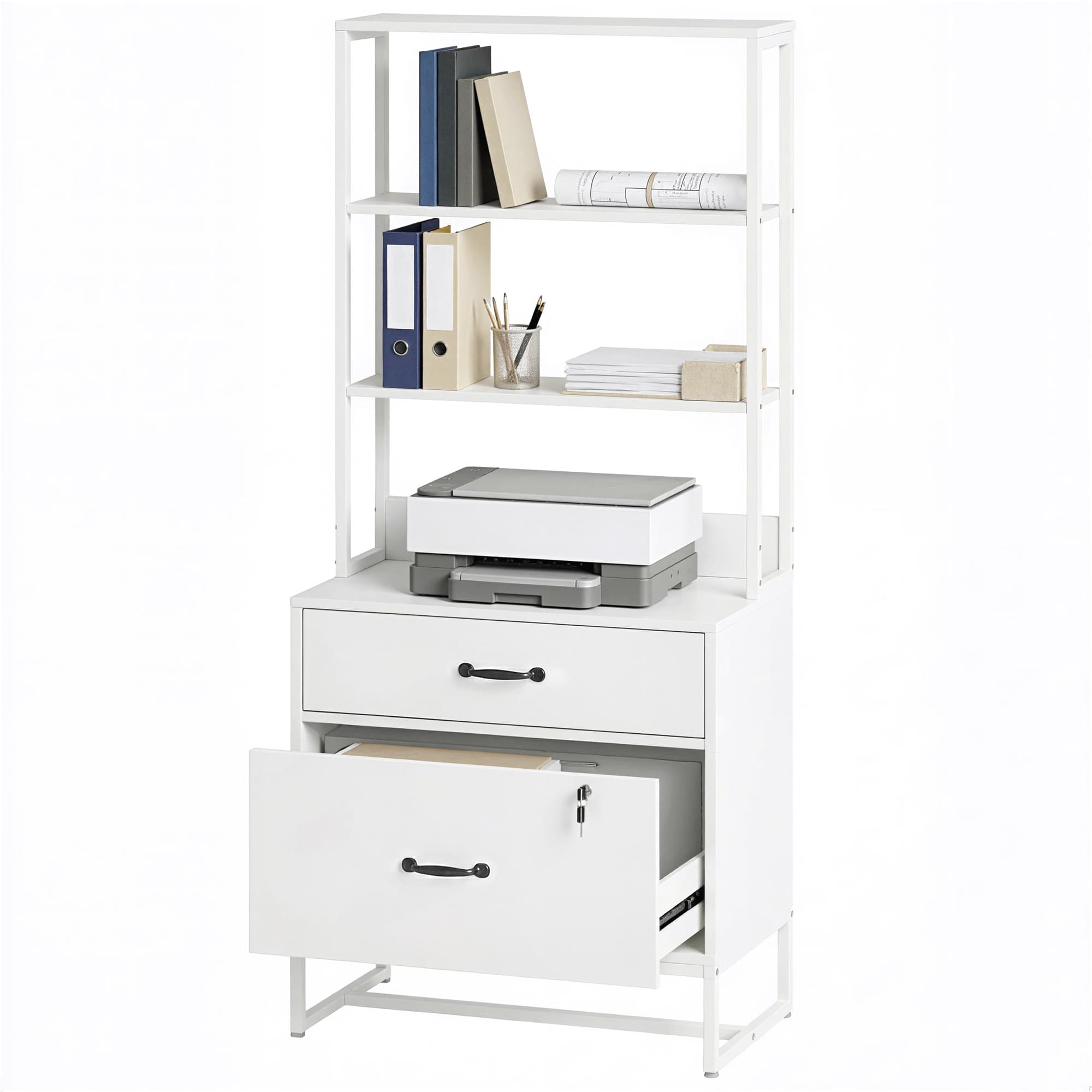HOMCOM Meuble classeur avec étagère, 2 tiroirs, plateau pour imprimante, serrure, compatible A4 Letter Legal, blanc