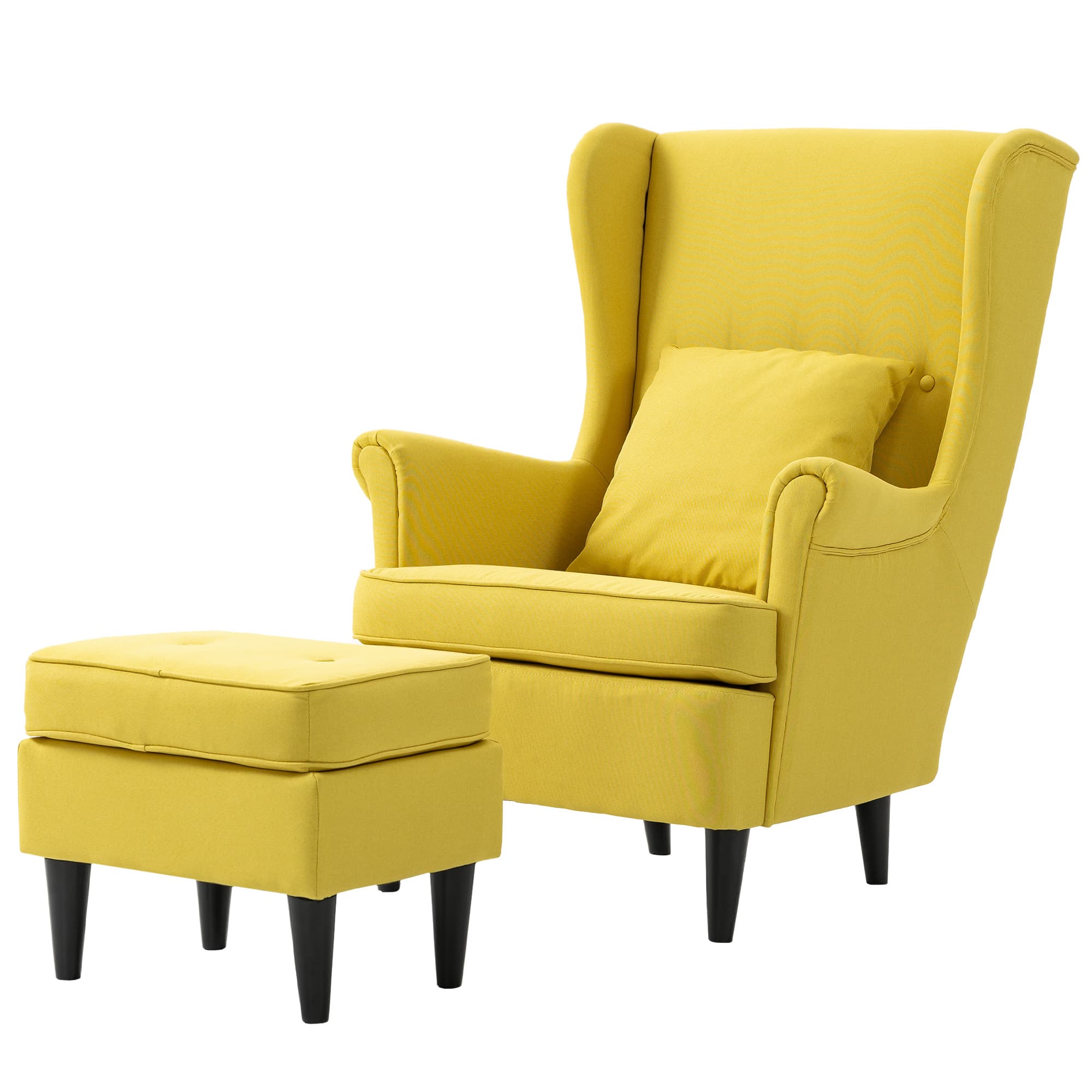 HOMCOM Fauteuil à oreilles avec ottomane, fauteuil rembourré avec pieds en bois de caoutchouc, revêtement en tissu, Jaune