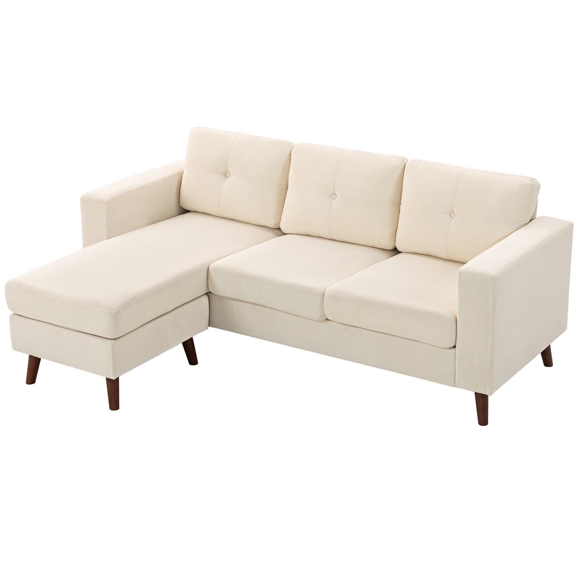 HOMCOM Canapé d'angle 192 cm en L 3 places avec méridienne réversible, aspect velours côtelé, pour petit espace, blanc crème