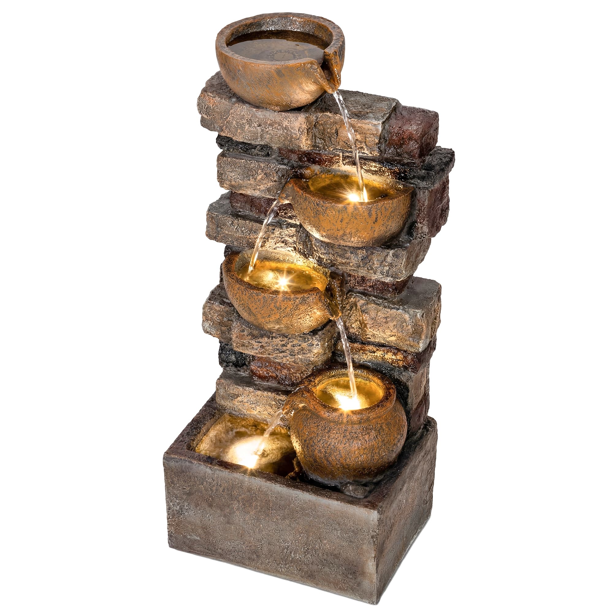 Outsunny Fontaine Extérieure avec 5 Niveaux de Pichets Rustiques et Design Roche, Cascade avec Lumières LED, Marron Rustique
