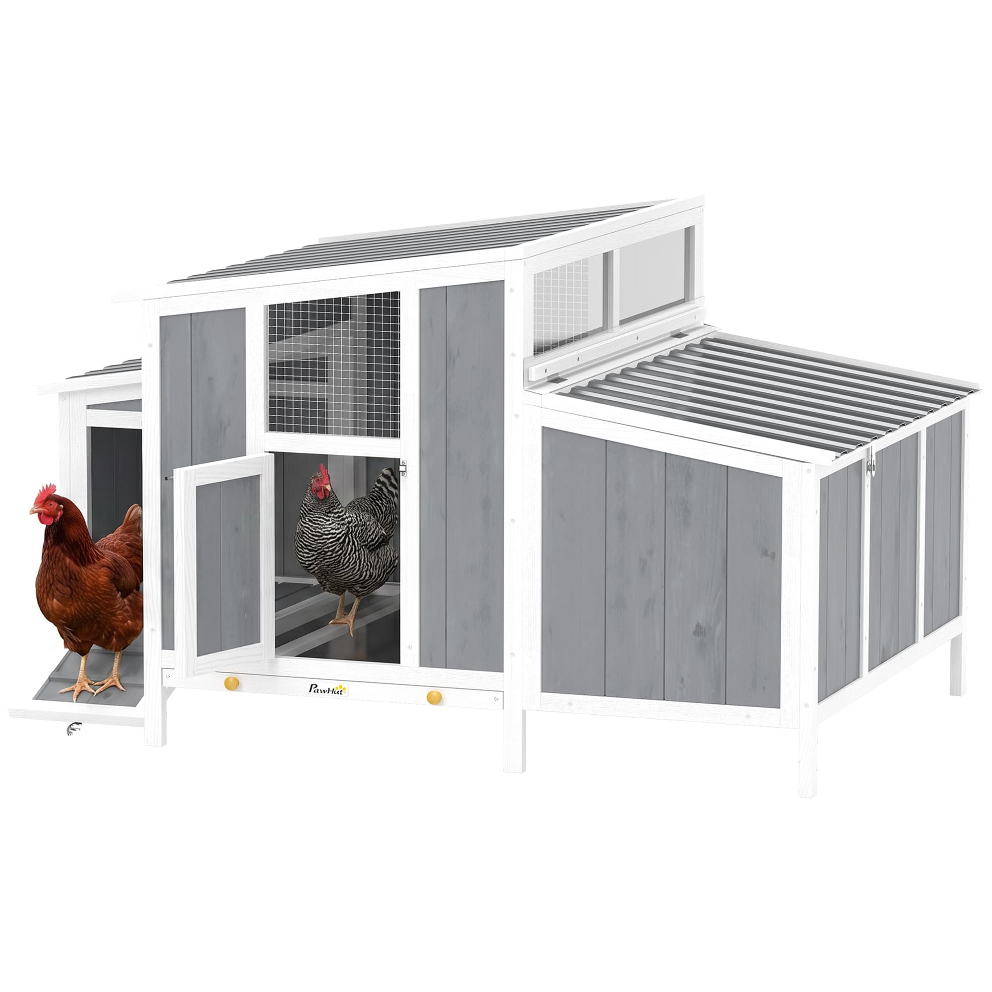 PawHut Poulailler en bois avec porte verrouillable pondoir toit imperméable en PET pour 3-4 poules, 145x90x92 cm Gris
