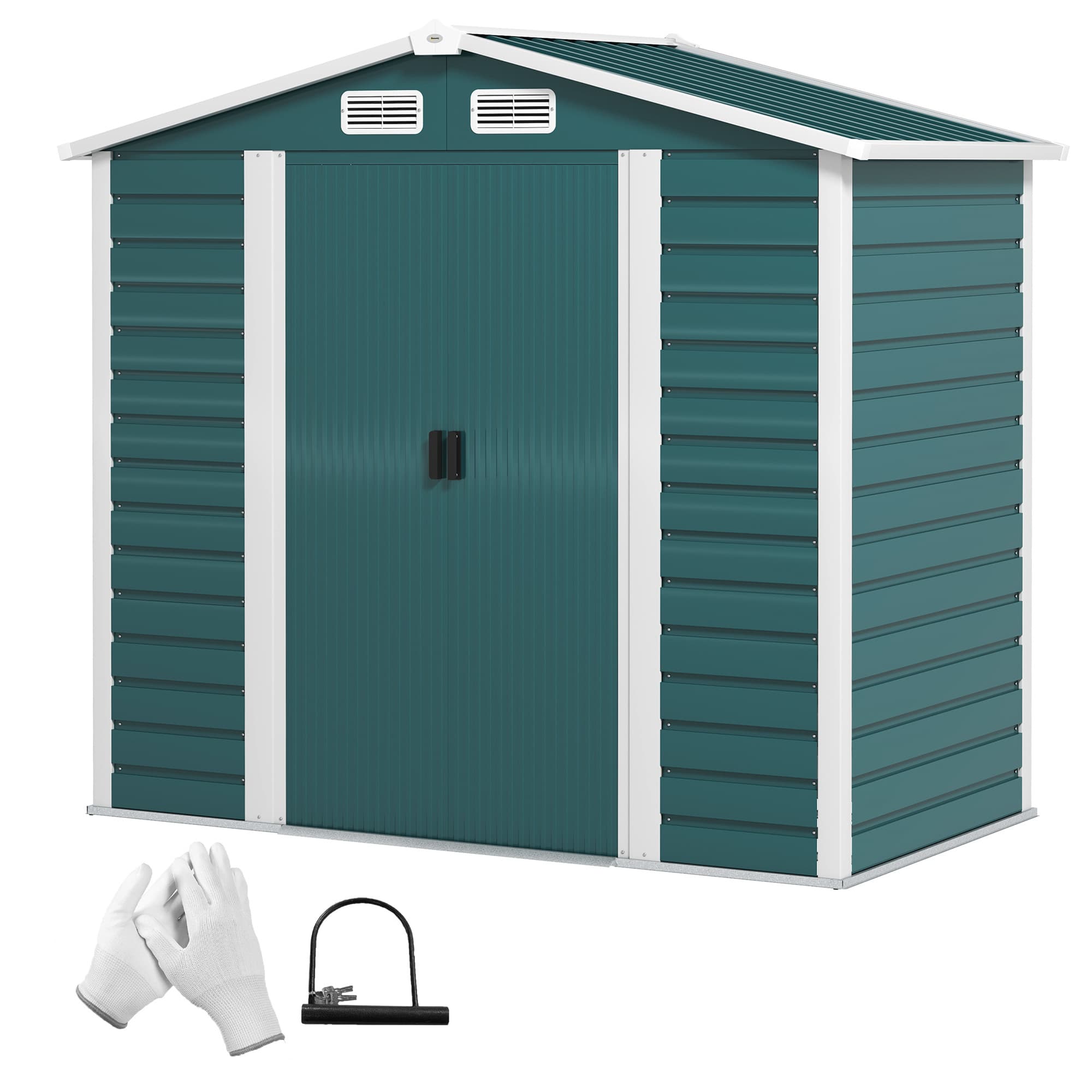 Outsunny Abri de jardin en métal avec portes coulissantes et cadenas avec clés, 2.1x1.2x1.9m, Vert