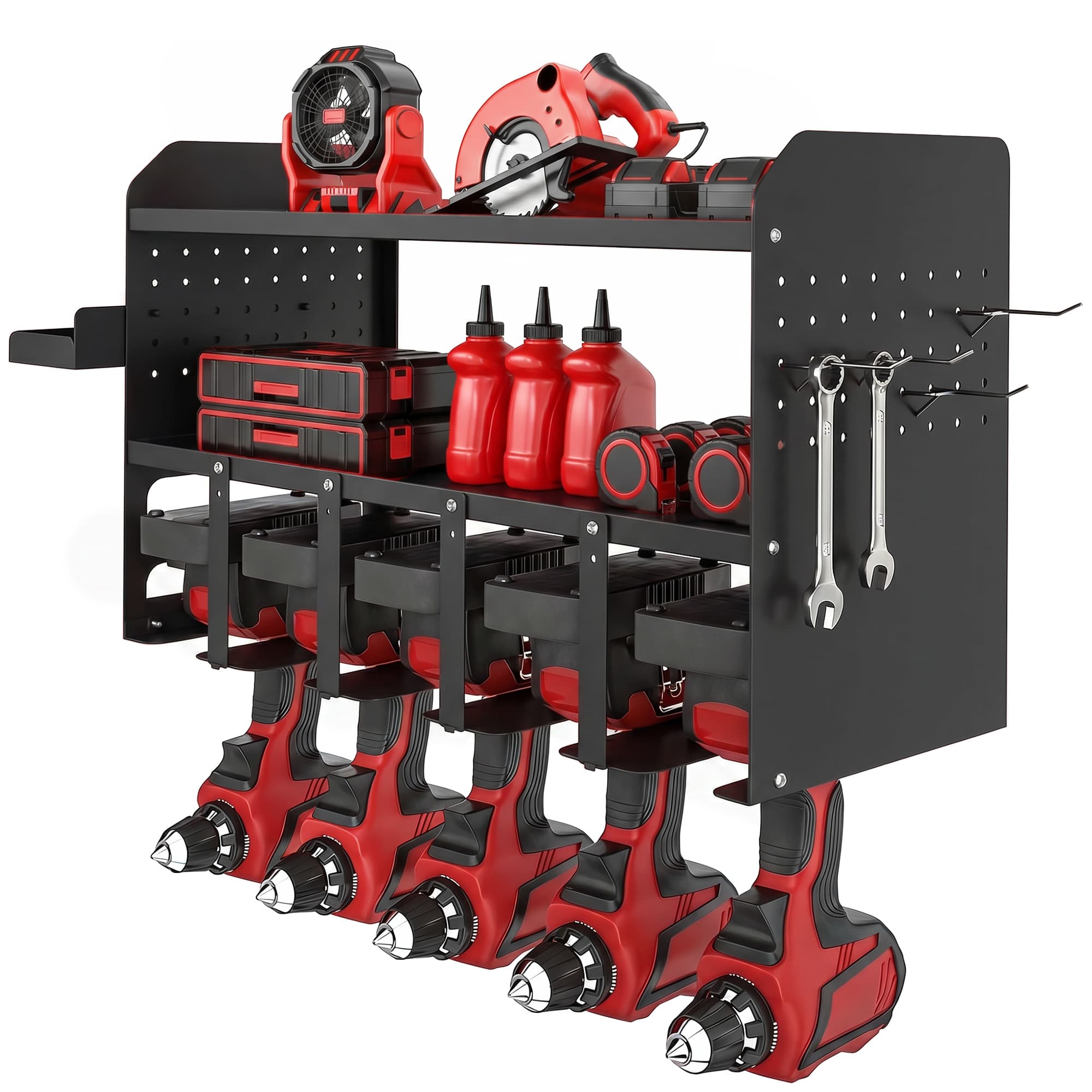 Outsunny Organisateur d'outils de jardin 2 niveaux Support d'outils de jardin avec crochets compartiment latéral jusqu'à 50 kg 61,8 x 23 x 32,7cm Noir