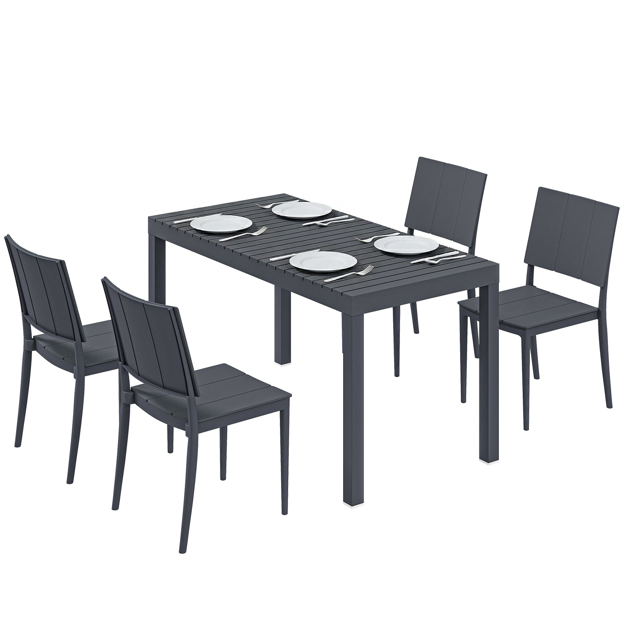 Outsunny Salon de Jardin 4 Personnes avec Chaises Empilables Plateau à Lattes PP Gris Anthracite