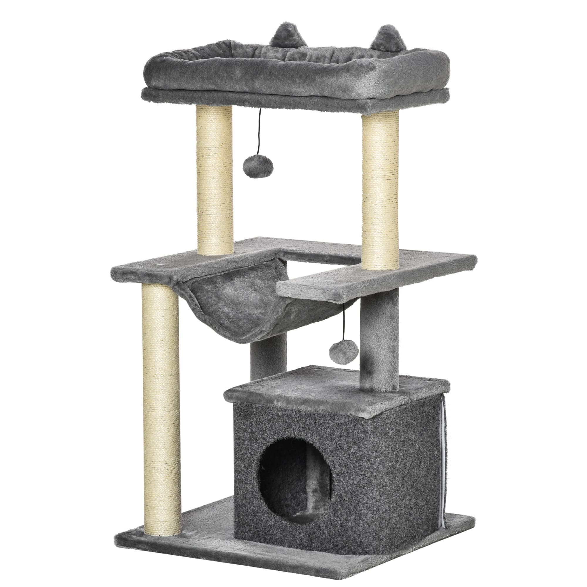 PawHut Arbre à chat avec griffoir, en tissu peluche, tour de jeux pour chat, lit, niche, hamac, plateforme 48 x 48 x 90 cm gris