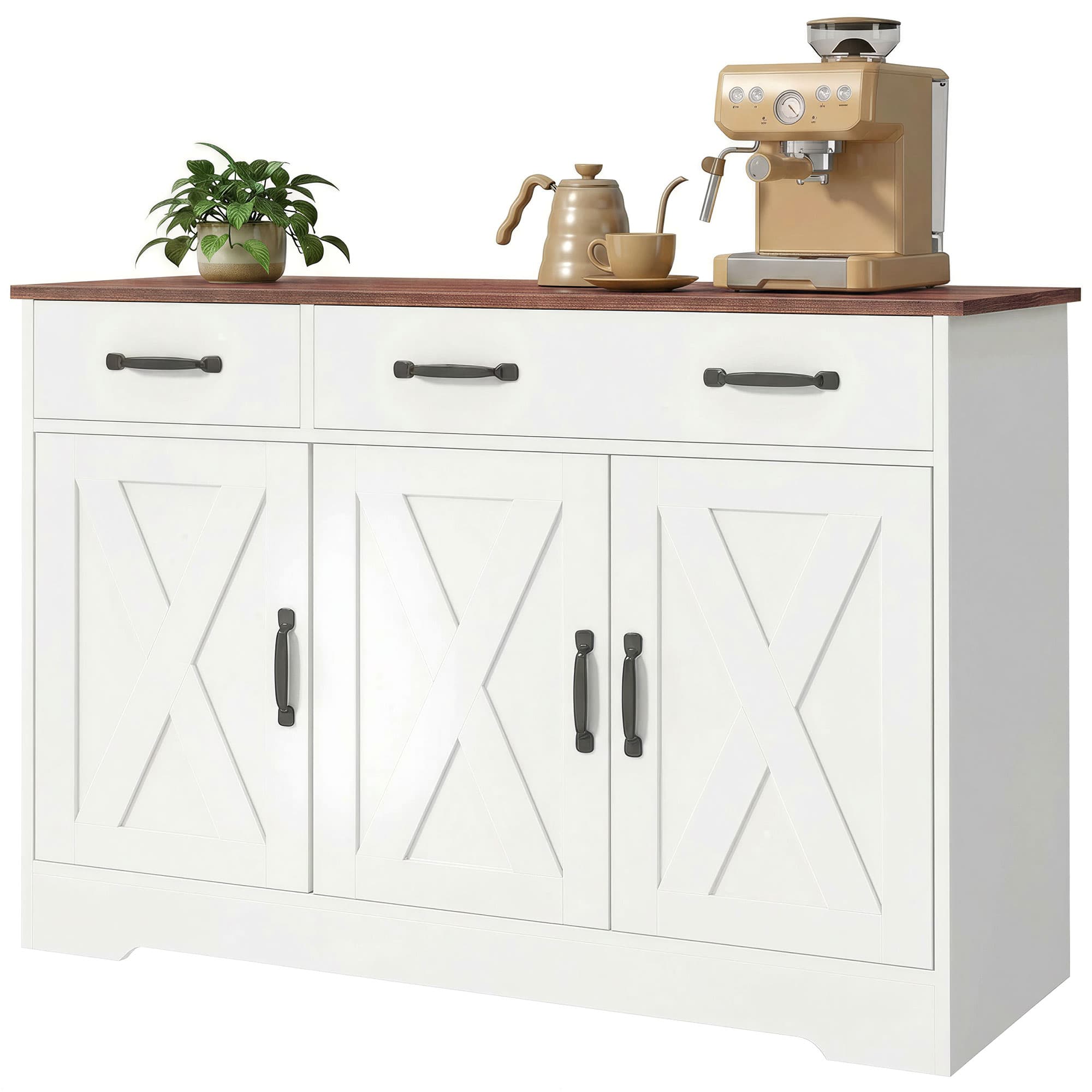 HOMCOM Buffet cuisine, meuble de rangement avec 3 portes de grange, 2 tiroirs et étagères réglables, 108 x 40 x 81 cm, blanc