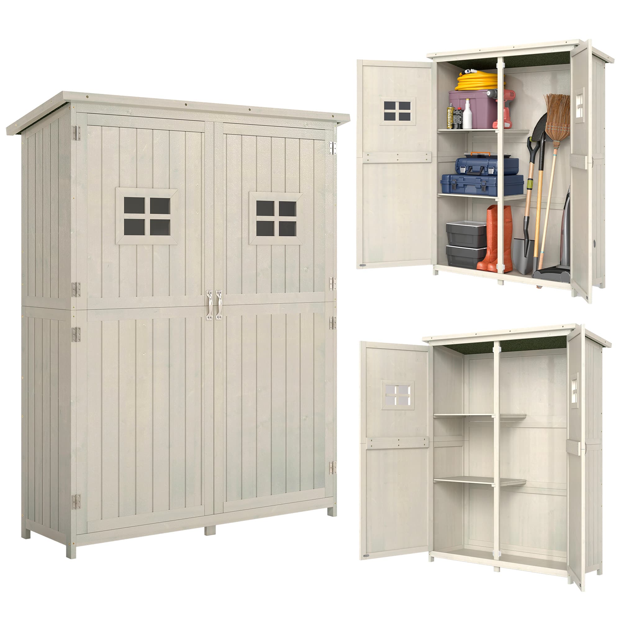 Outsunny Abri de jardin en bois remise pour outils toit incliné bitumé portes avec poignée bois de sapin 127 5 x 50 x 164 cm gris