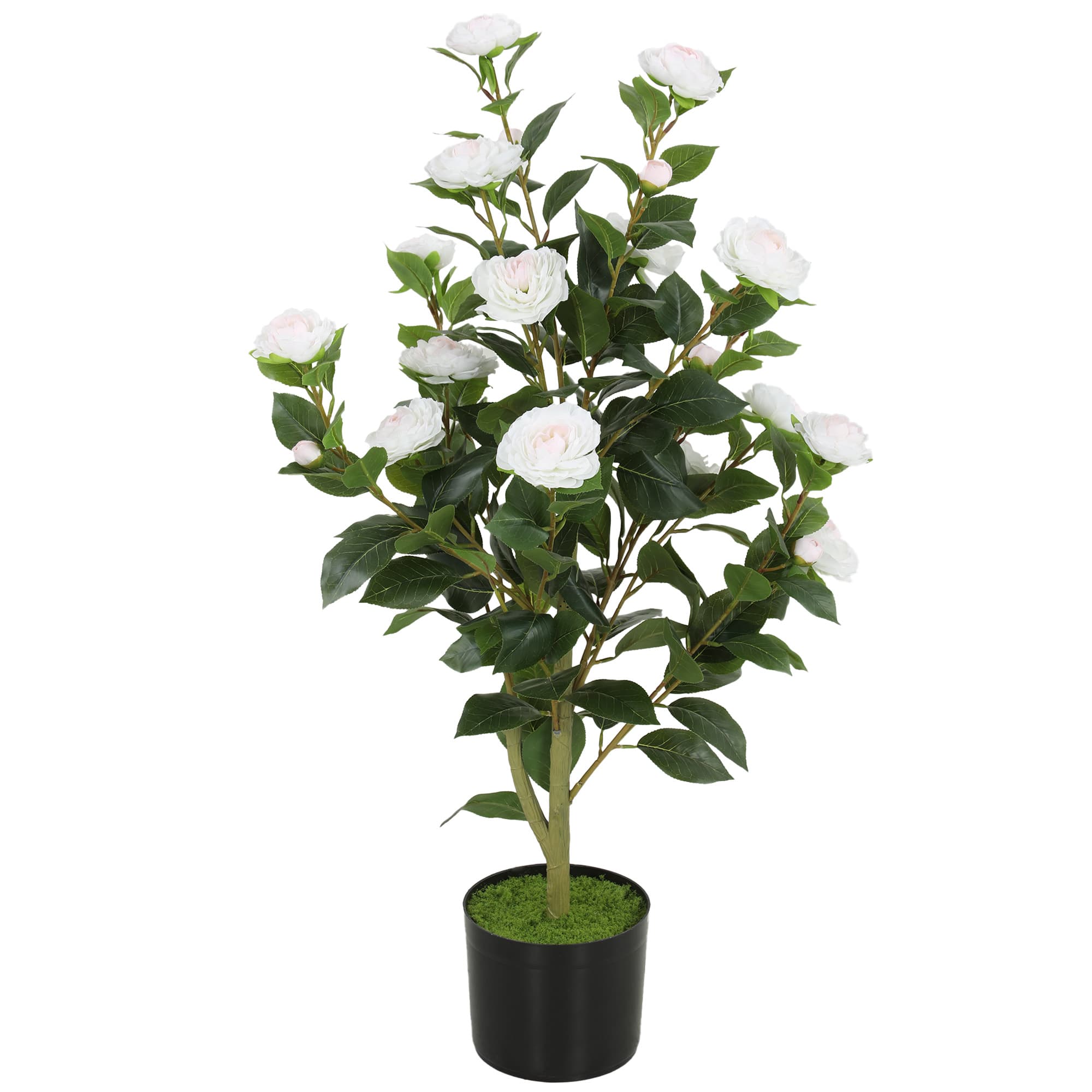 HOMCOM Plante artificielle de Camélia avec fleurs réalistes, 176 feuilles en PEVA et pot noir en PP rempli de ciment, blanc