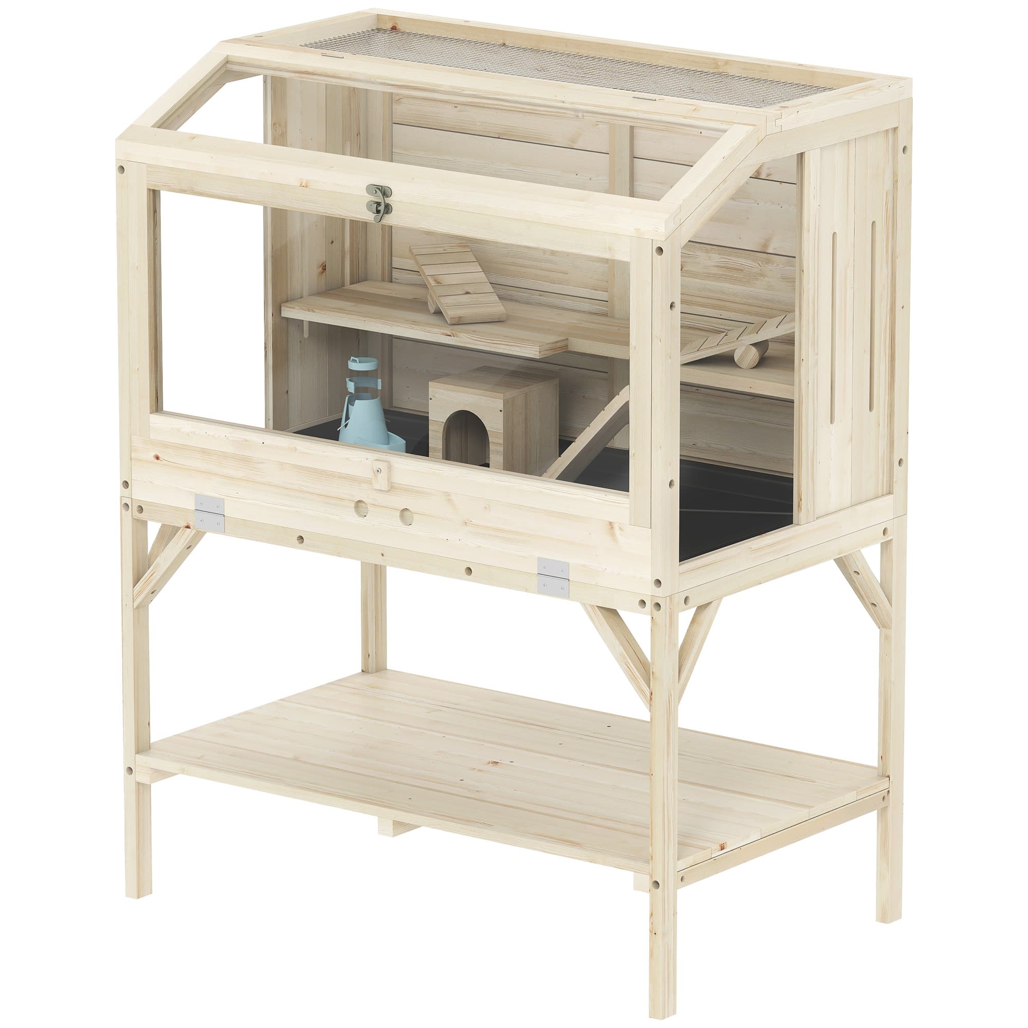 PawHut Cage hamster en bois, cage rongeur à 2 niveaux, étagère de rangement, couvercle ouvrant, 84 x 53 x 110 cm, bois naturel