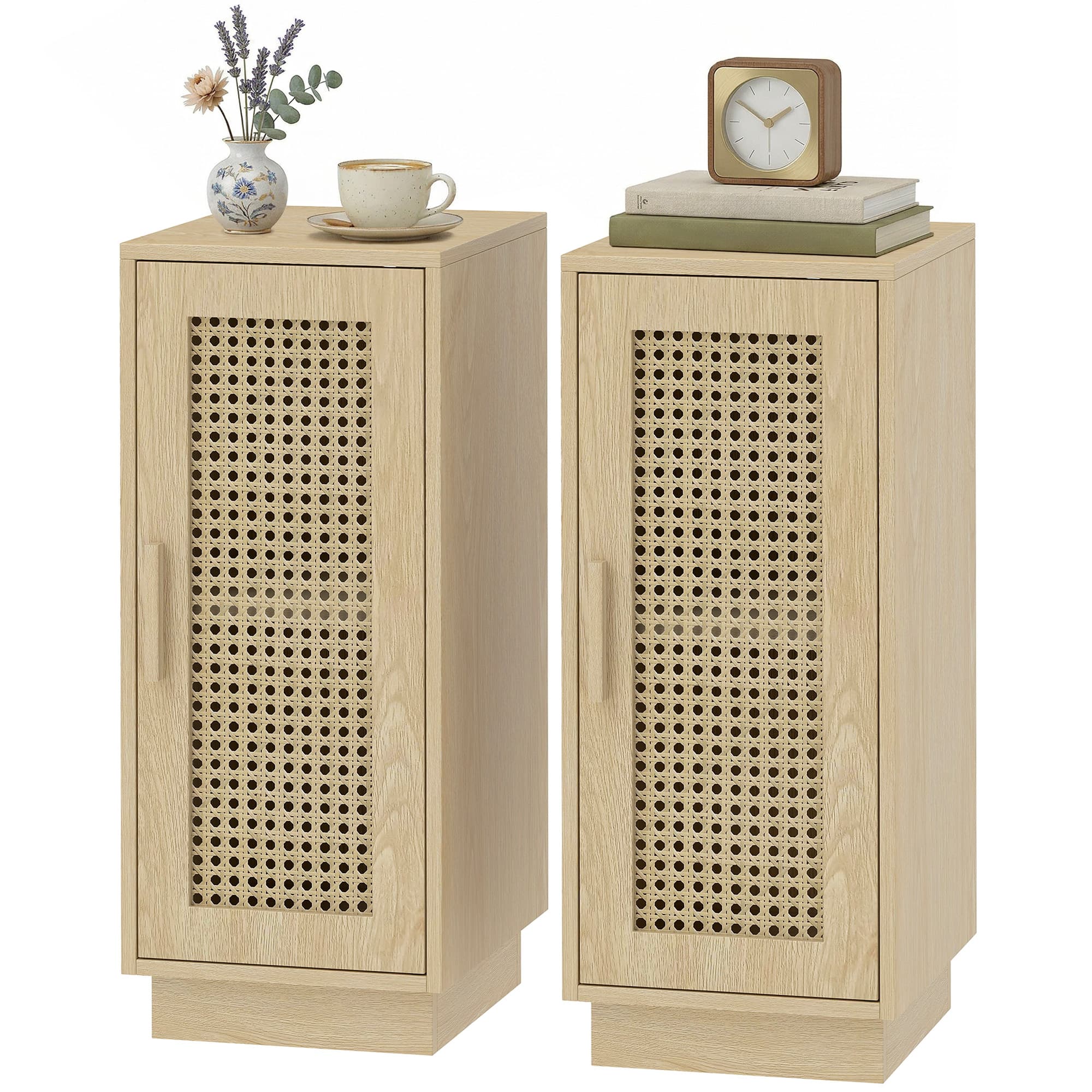 HOMCOM Lot de 2 Tables de Chevet, Étagère Réglable et Porte en Résine Tressée, Style Bohème, 25 x 30 x 60 cm, Bois Naturel