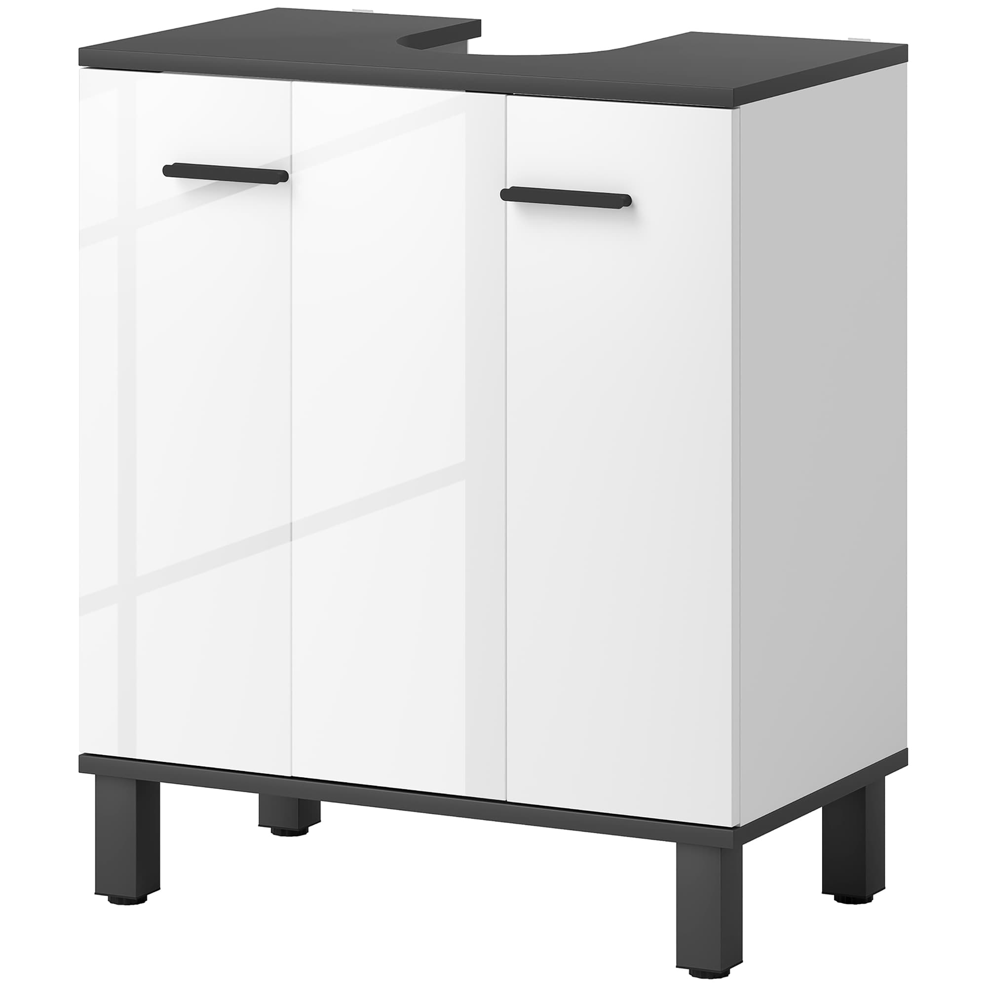 HOMCOM Meuble sous-lavabo avec 2 portes et étagère réglable pour lavabo avec ou sans colonne 60x34x70 cm Blanc Brillant