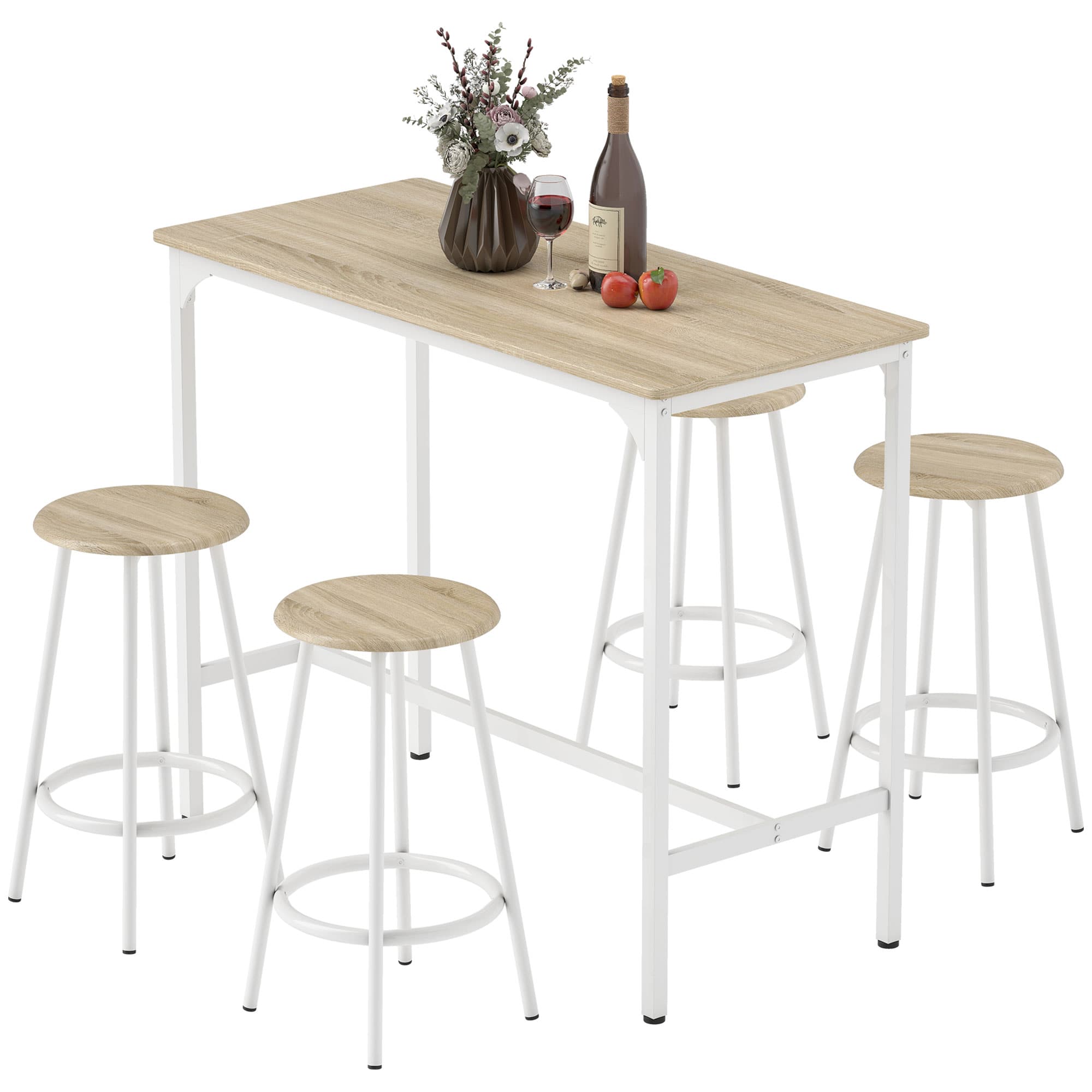 HOMCOM Ensemble table haute et 4 tabourets avec Repose-Pieds style moderne, structutre en métal effet bois naturel