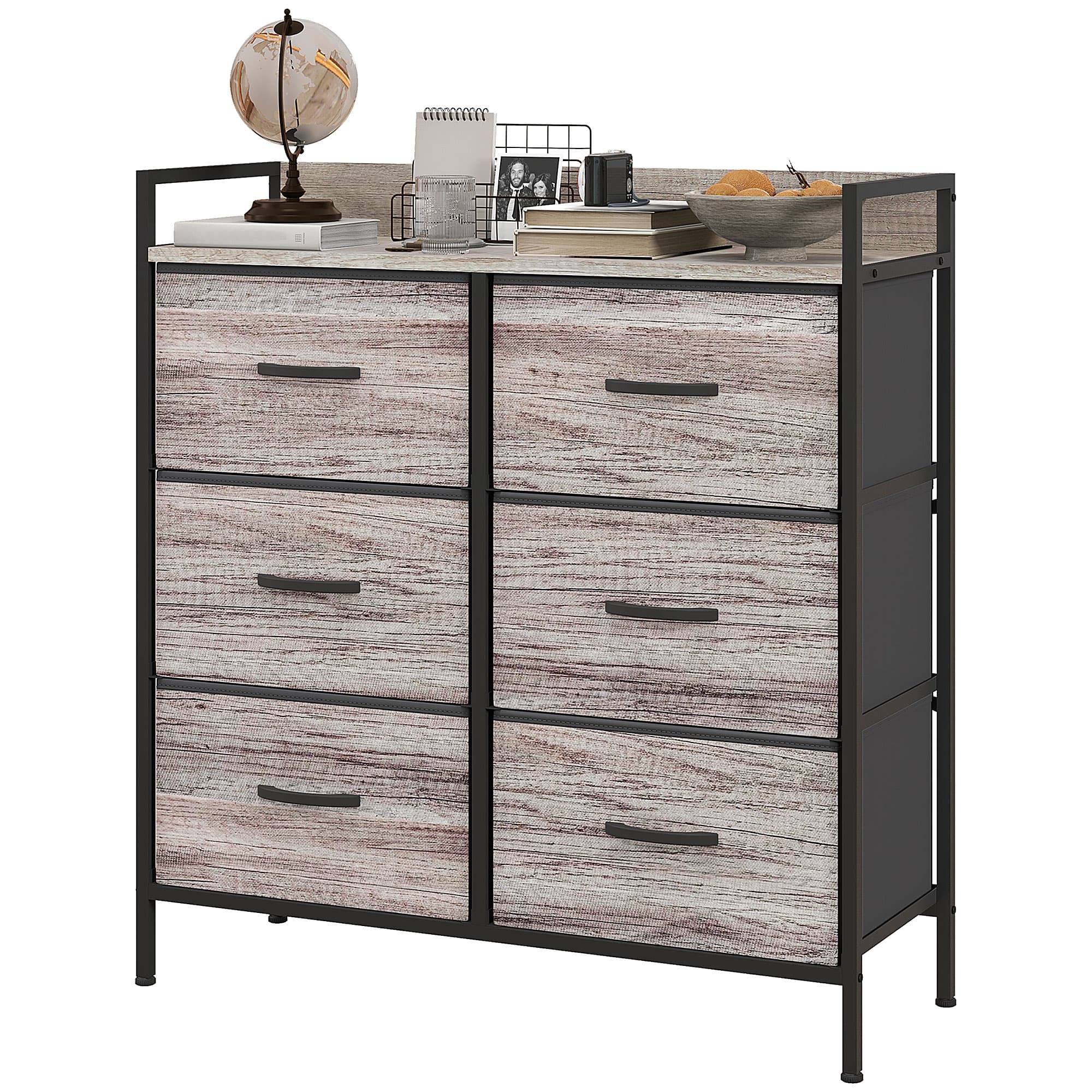 HOMCOM Commode, meuble de rangement pour chambre à 6 tiroirs tissu non tissé, cadre en acier, 79 x 29 x 85 cm, effet bois gris