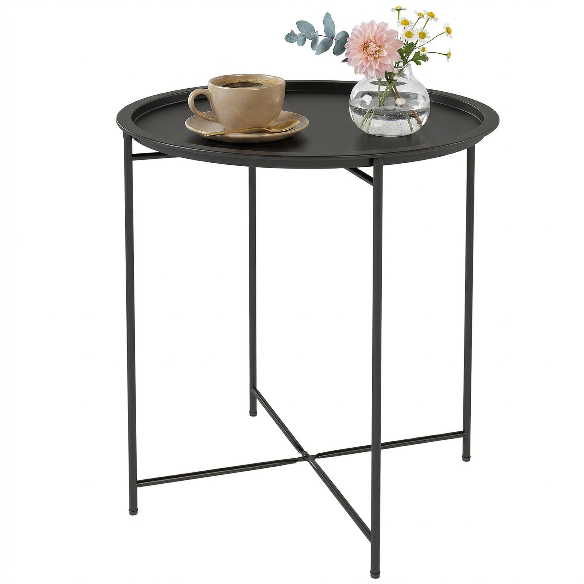 Outsunny Petite table basse ronde table d'appoint plateau amovible avec bord relevé pieds pliables en acier Ø 46 x 50 cm noir