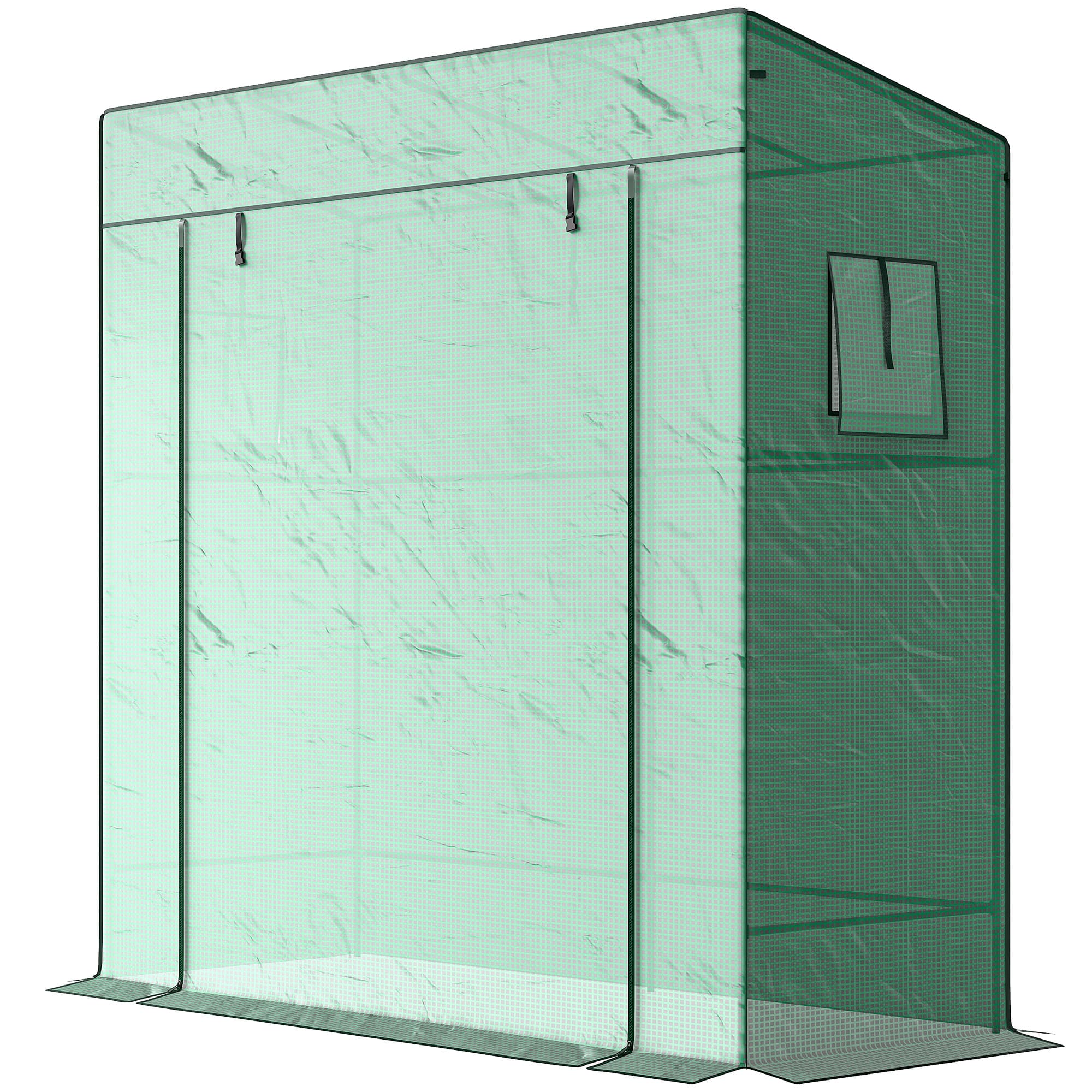 Outsunny Serre de jardin murale adossée avec 1 porte enroulable, bâche PE renforcée, 2 fenêtres, dim. 196L x 77l x 197/188H cm