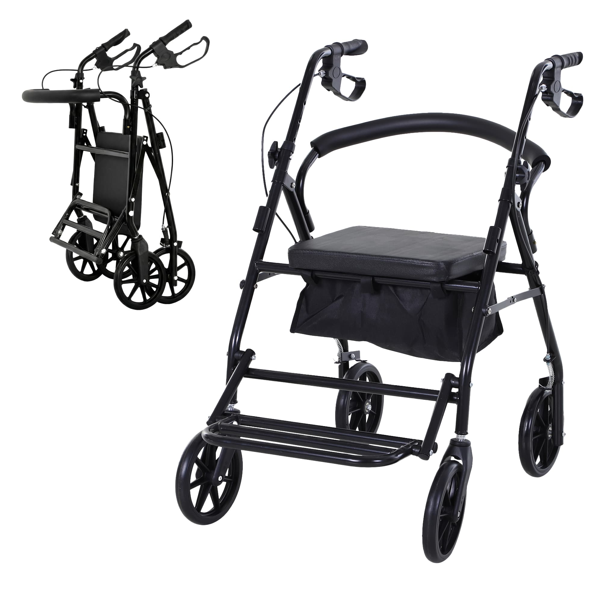 HOMCOM Déambulateur 4 Roues Pliable Léger Système de Freinage Double Poignée Ergonomique Réglable Panier de Rangement Dossier et Siège