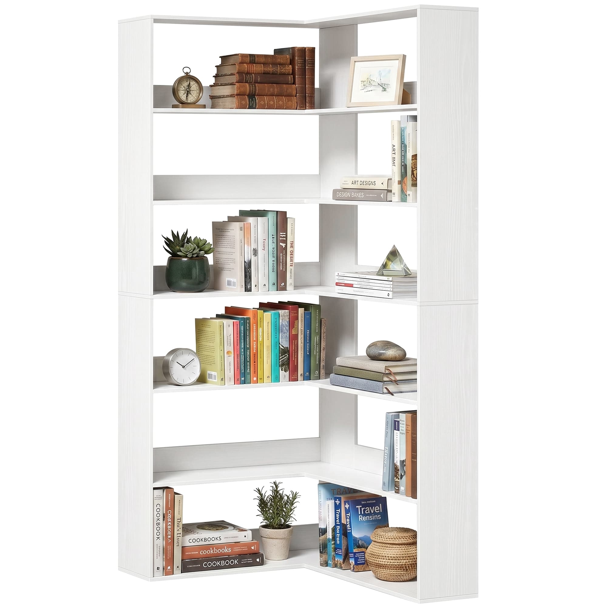 HOMCOM Bibliothèque 7 niveaux, étagère d'angle en L avec rebord antidérapant, blanc aspect bois