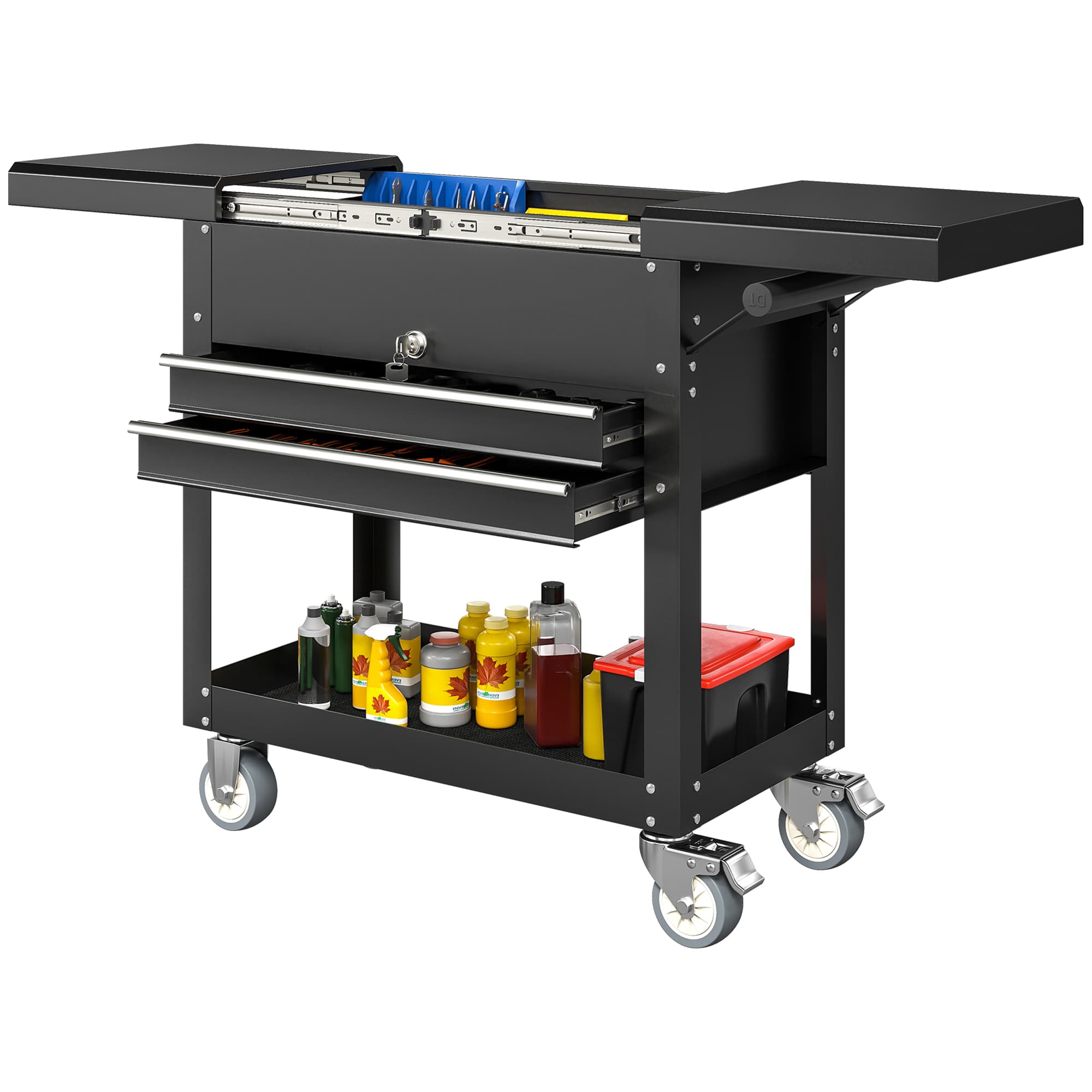 HOMCOM Chariot d'atelier, servante d'atelier sur roulettes avec plateau coulissant, tiroirs verrouillables, 130x38x80cm, noir