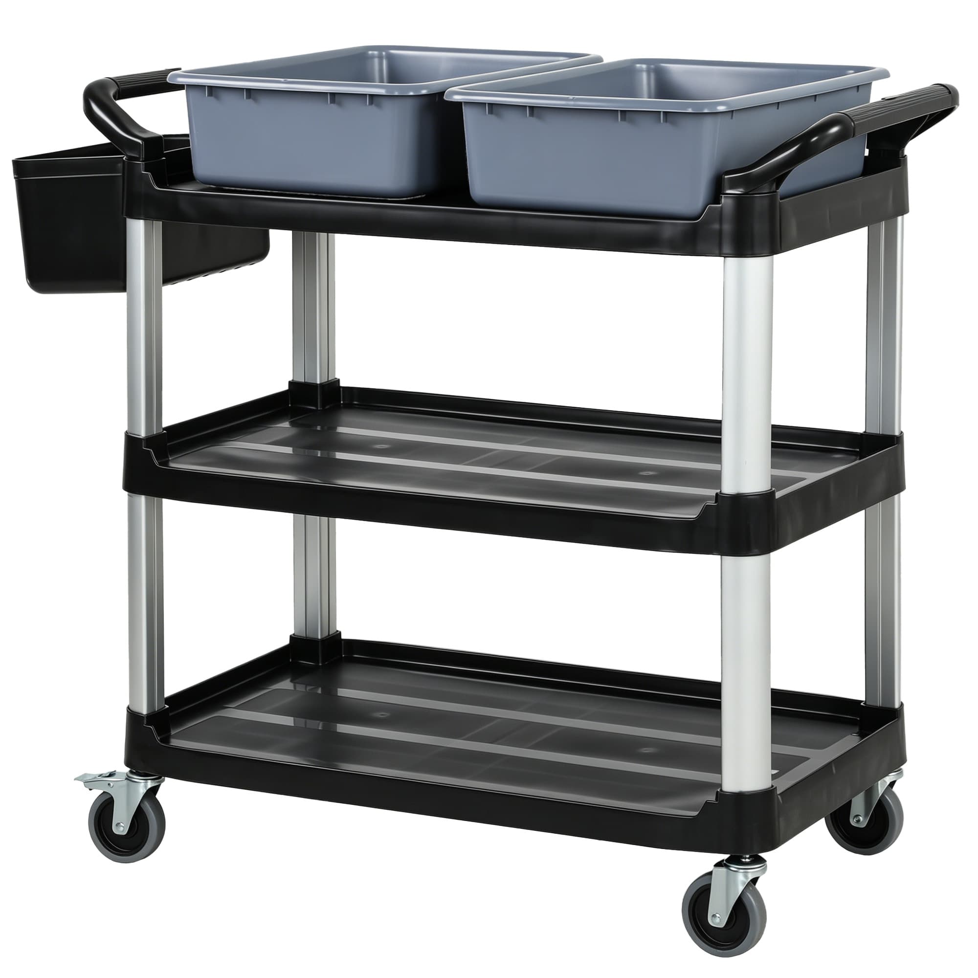 HOMCOM Chariot de Nettoyage à Roulettes avec 3 Étagères 2 Conteneurs et Seau Latéral Suspendu Charge 100 kg Noir