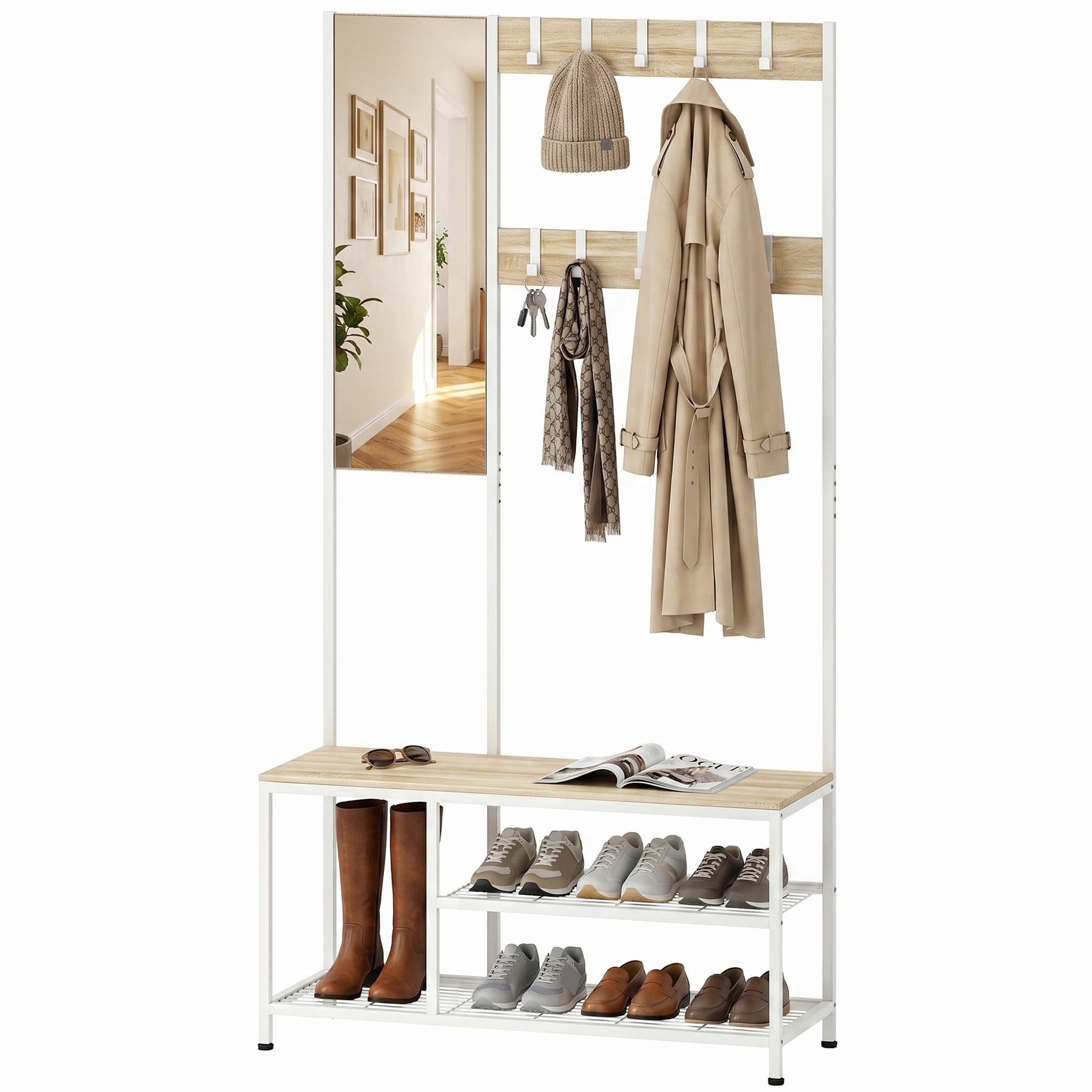 HOMCOM Porte-manteau meuble à chaussures avec miroir et 8 crochets, banc, cadre métallique pour entrée naturel