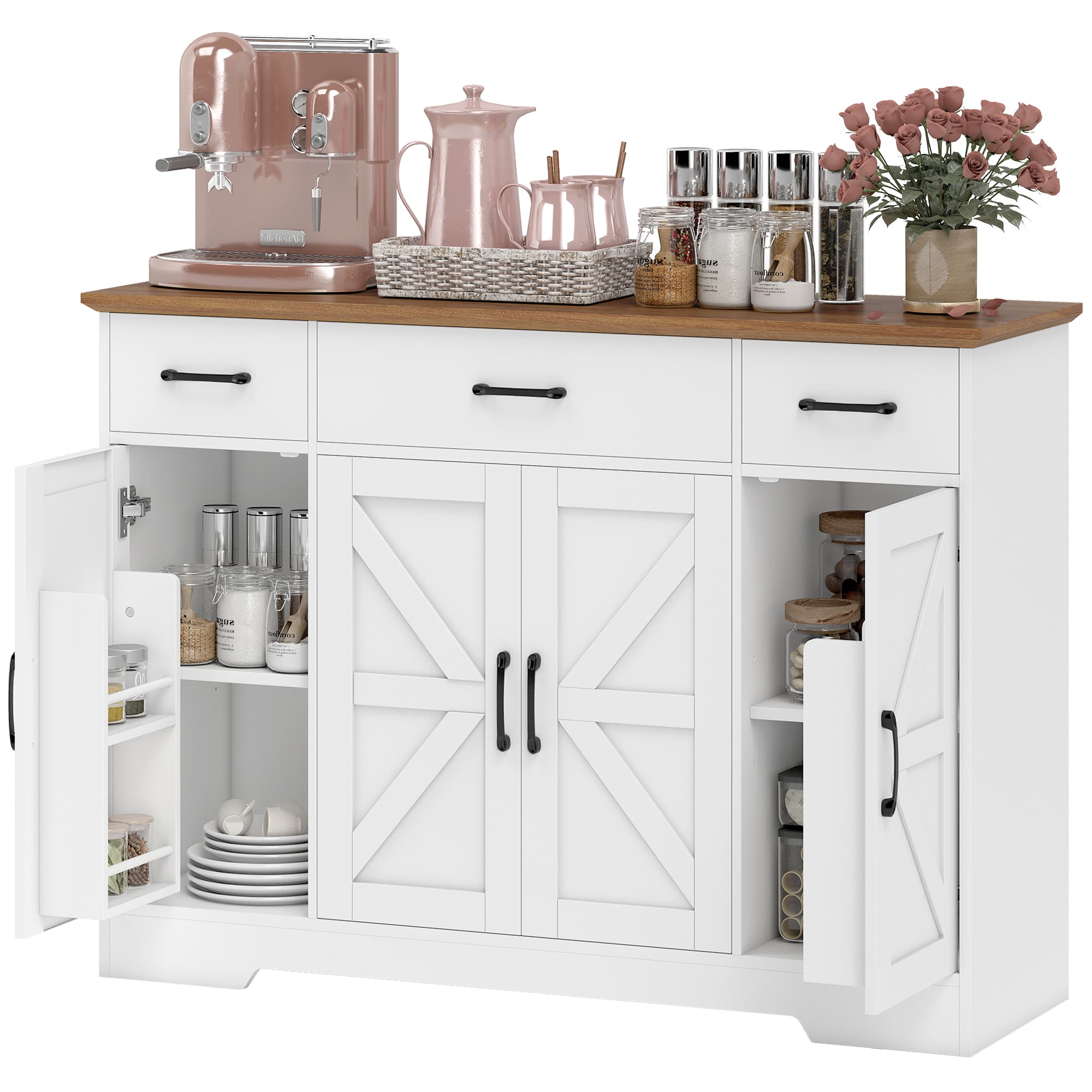 HOMCOM Buffet de cuisine rustique, meuble de cuisine avec portes à fermeture douce, 3 tiroirs, 3 étagères réglables, porte-épices, Blanc