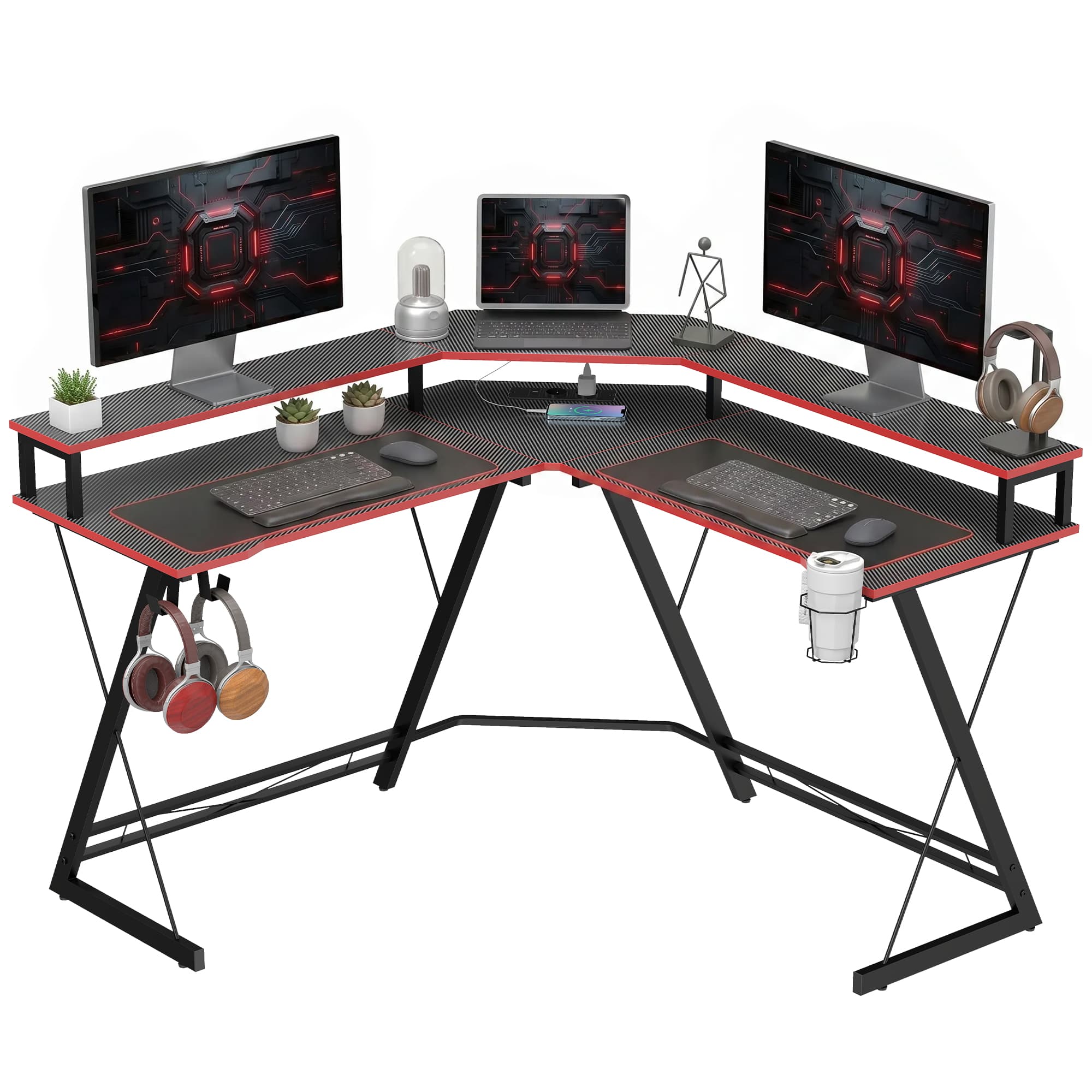 HOMCOM Bureau d'angle avec prises en L 128x128 cm avec support pour moniteur crochet et porte-gobelet Noir