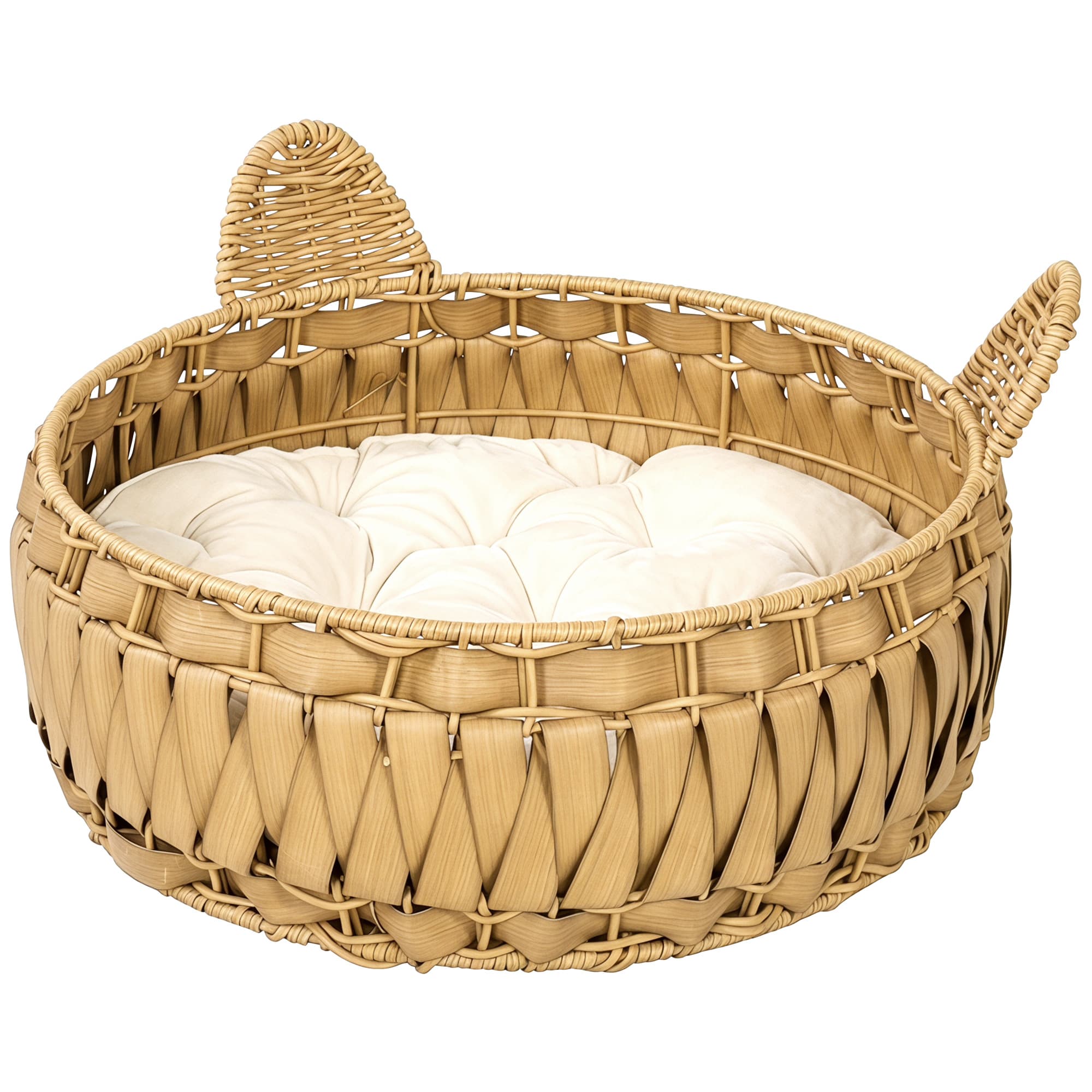 PawHut Lit pour chat en rotin, tanière avec coussin amovible, panier pour chats jusqu'à 10 kg, 50 x 50 x 25 cm, Marron clair