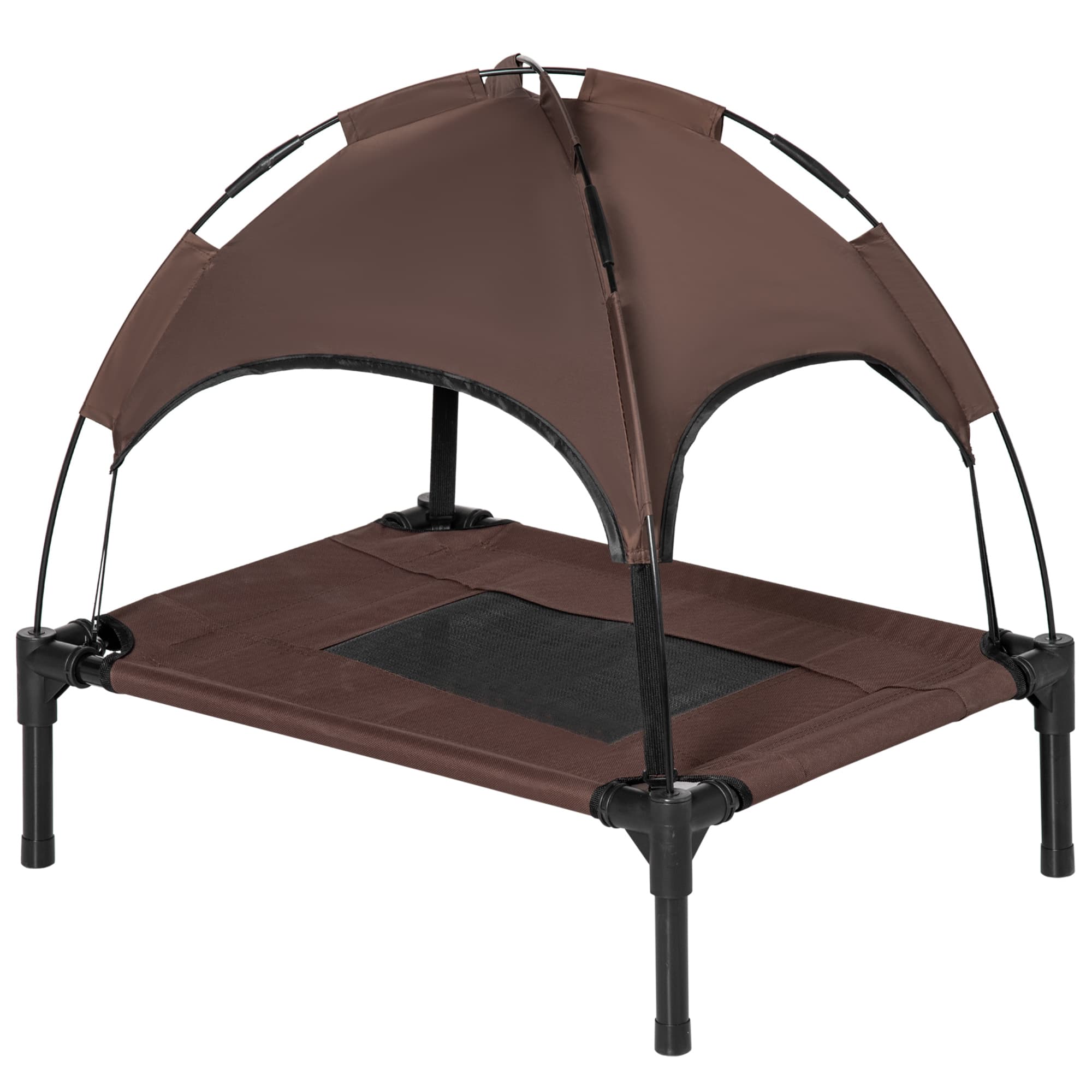 PawHut Panier surélevé et respirant pour chiens avec toit amovible, en métal et tissu Oxford, 61x46x62 cm, Marron