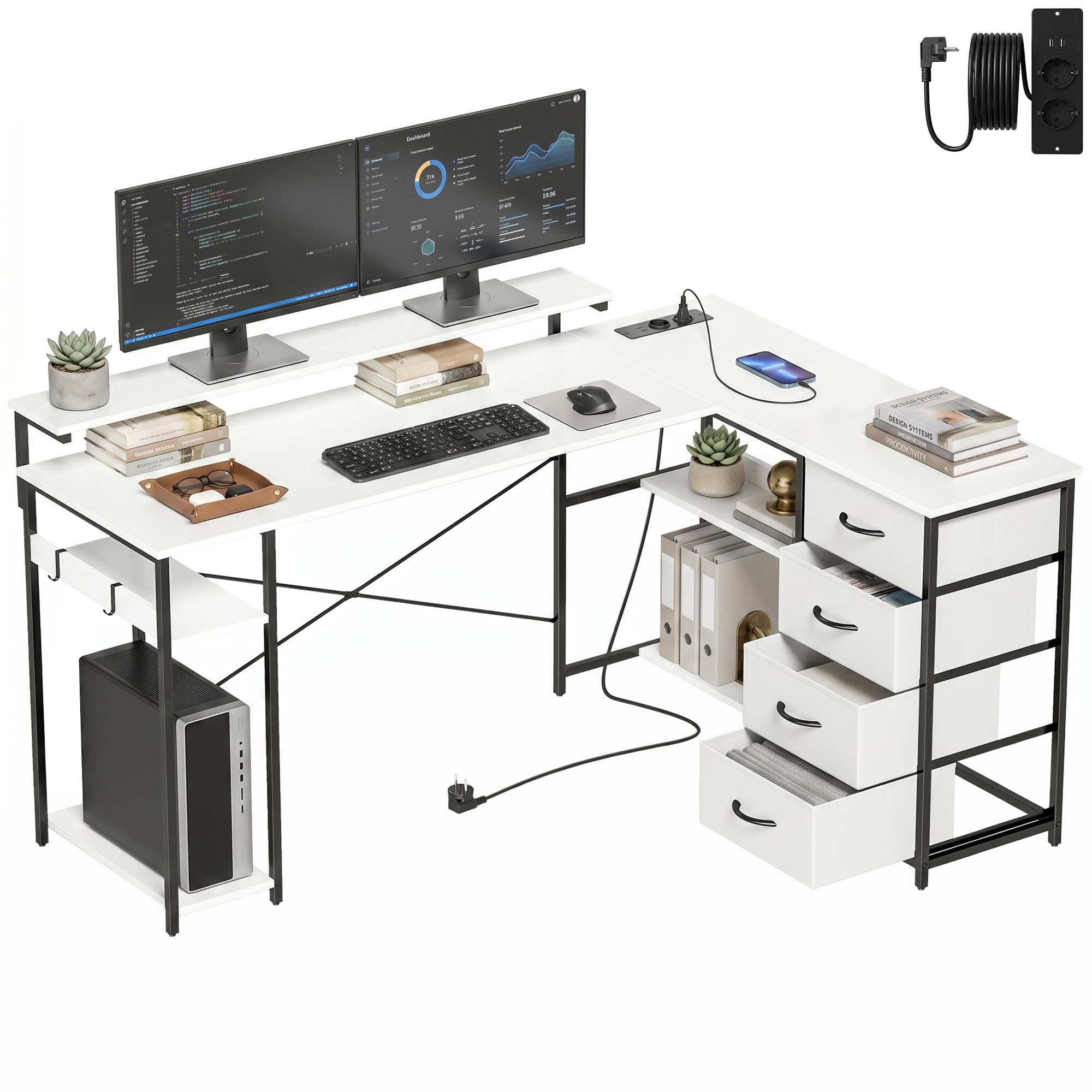 HOMCOM Bureau en L réversible avec 4 tiroirs en tissu 2 prises et 2 ports USB Support pour écran 155x112 cm Blanc