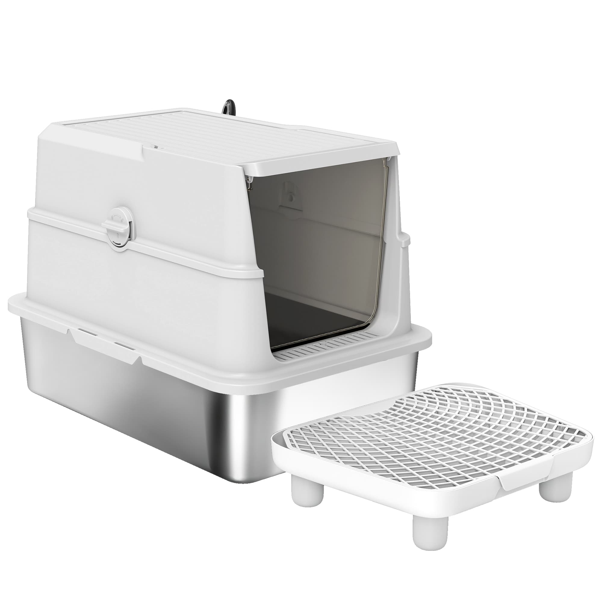 PawHut Litière pour chat, acier inoxydable, espace intérieur XL, avec pelle, gris clair
