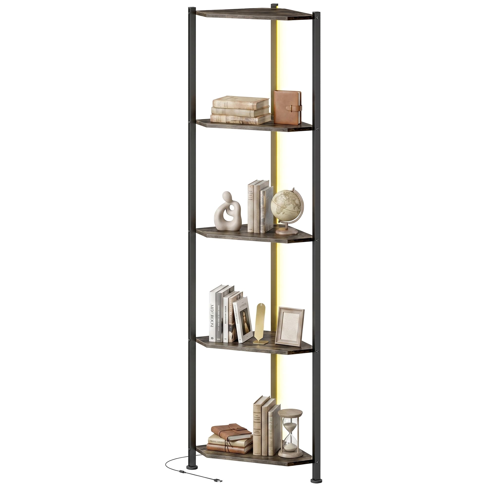 HOMCOM Bibliothèque d'angle 5 niveaux avec éclairage LED pour salon, chambre, bureau, Rustique brun
