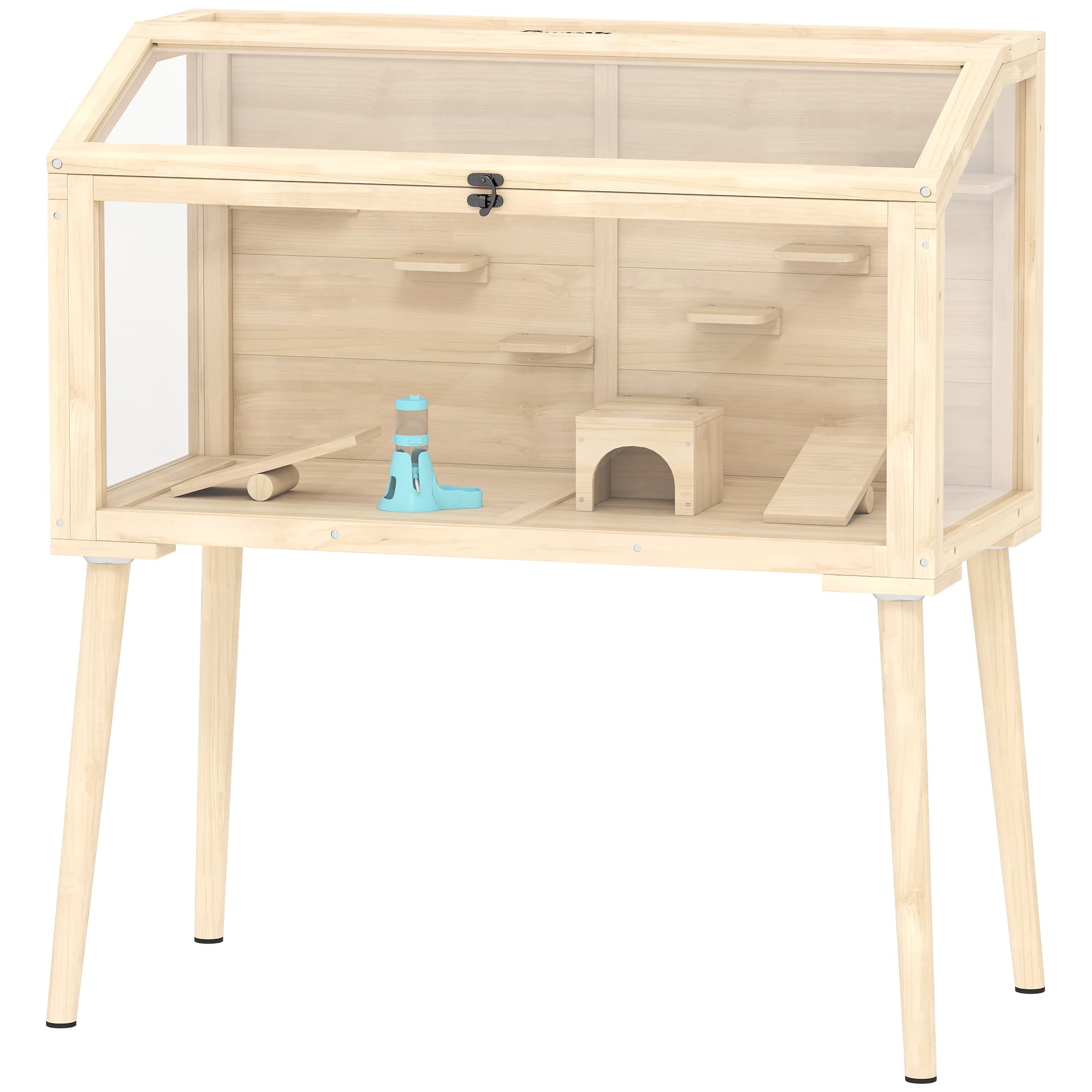 PawHut Cage hamster habitats pour rongeur bois FSC toit ouvrable 7 plateformes 2 balançoires 110x52x101cm effet bois naturel