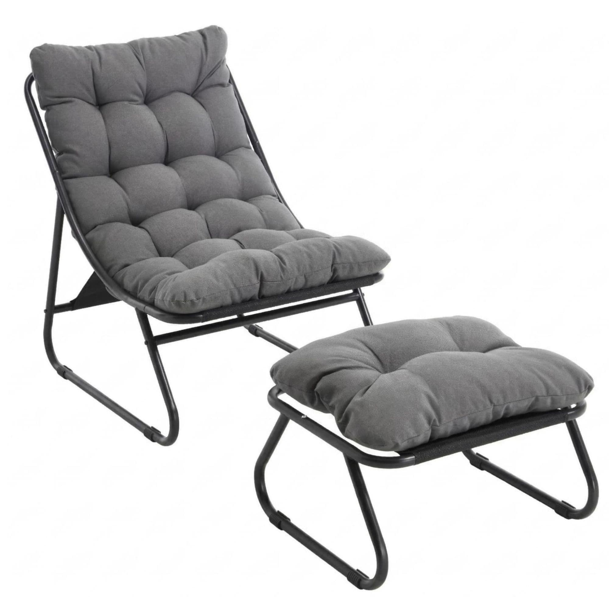 Fauteuil lounge d'extérieur avec pouf, coussin rembourré, tissu sling, structure en acier, Gris Aosom FR