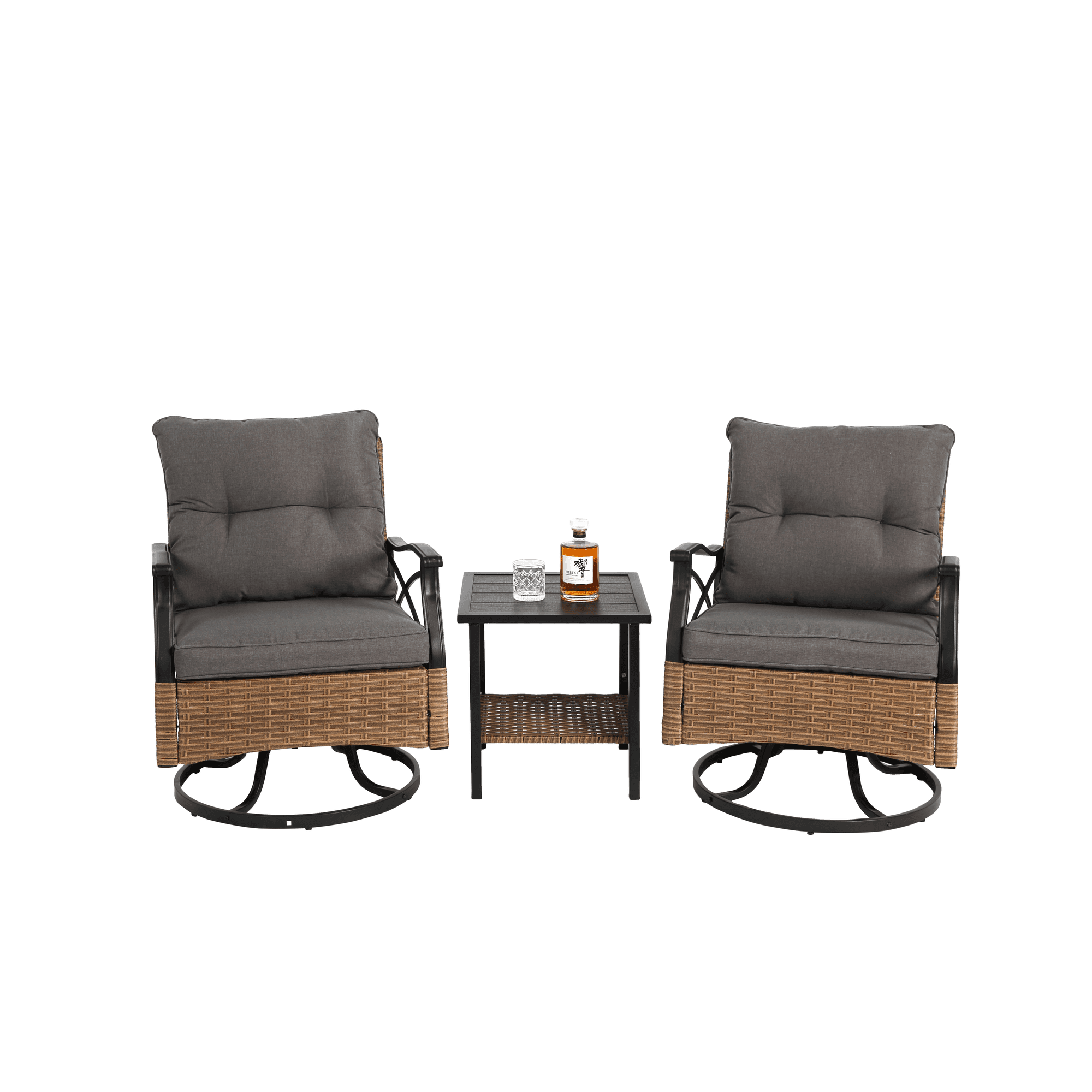 Ensemble de fauteuils à bascule pivotants d'extérieur, lot de 3 pièces avec 1 table et 2 fauteuils à bascule, rotation à 360° et fonction basculante, Marron+Gris Aosom FR