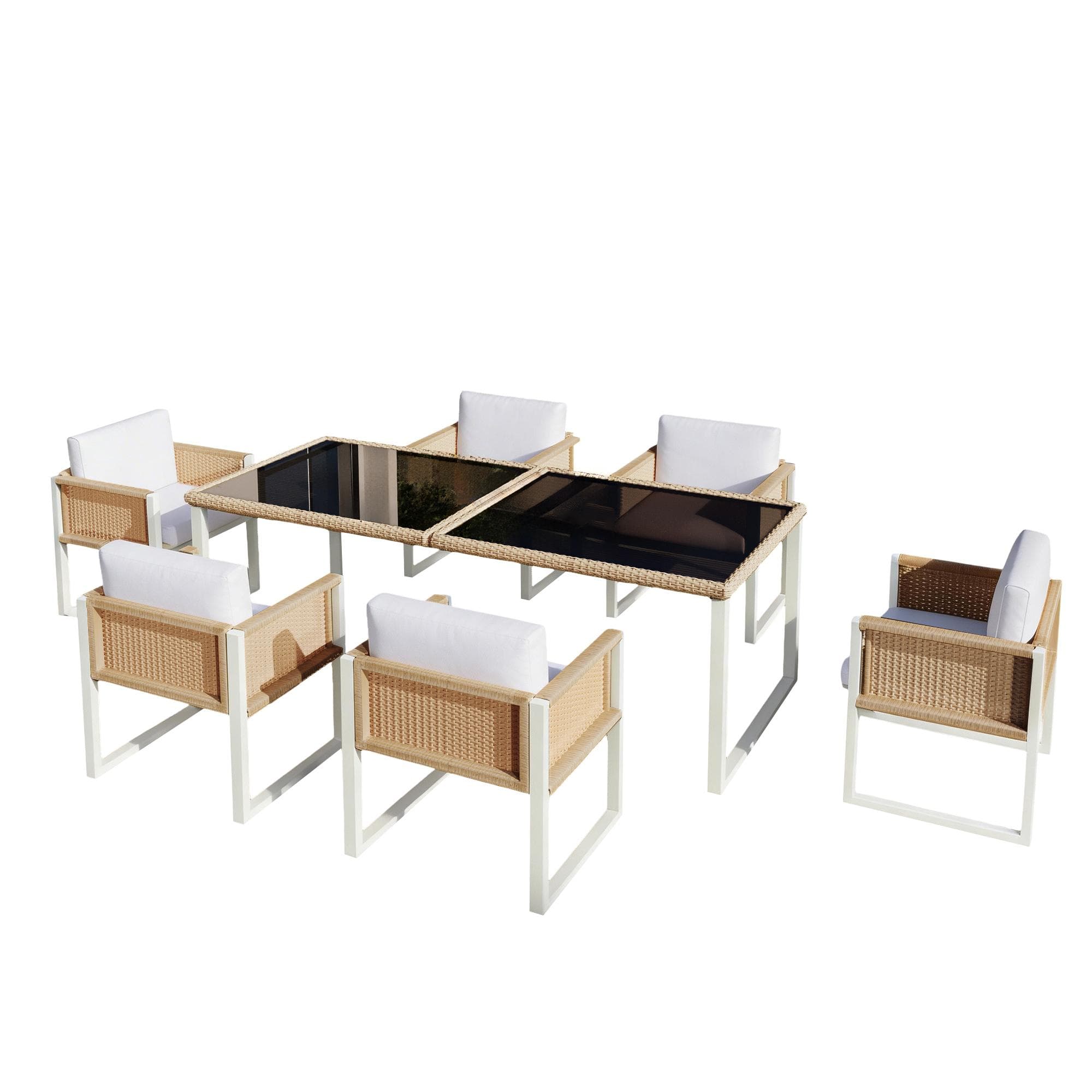Ensemble repas en résine tressée pour 6 personnes, plateau en verre trempé, housses amovibles et lavables, Marron+Blanc Aosom FR