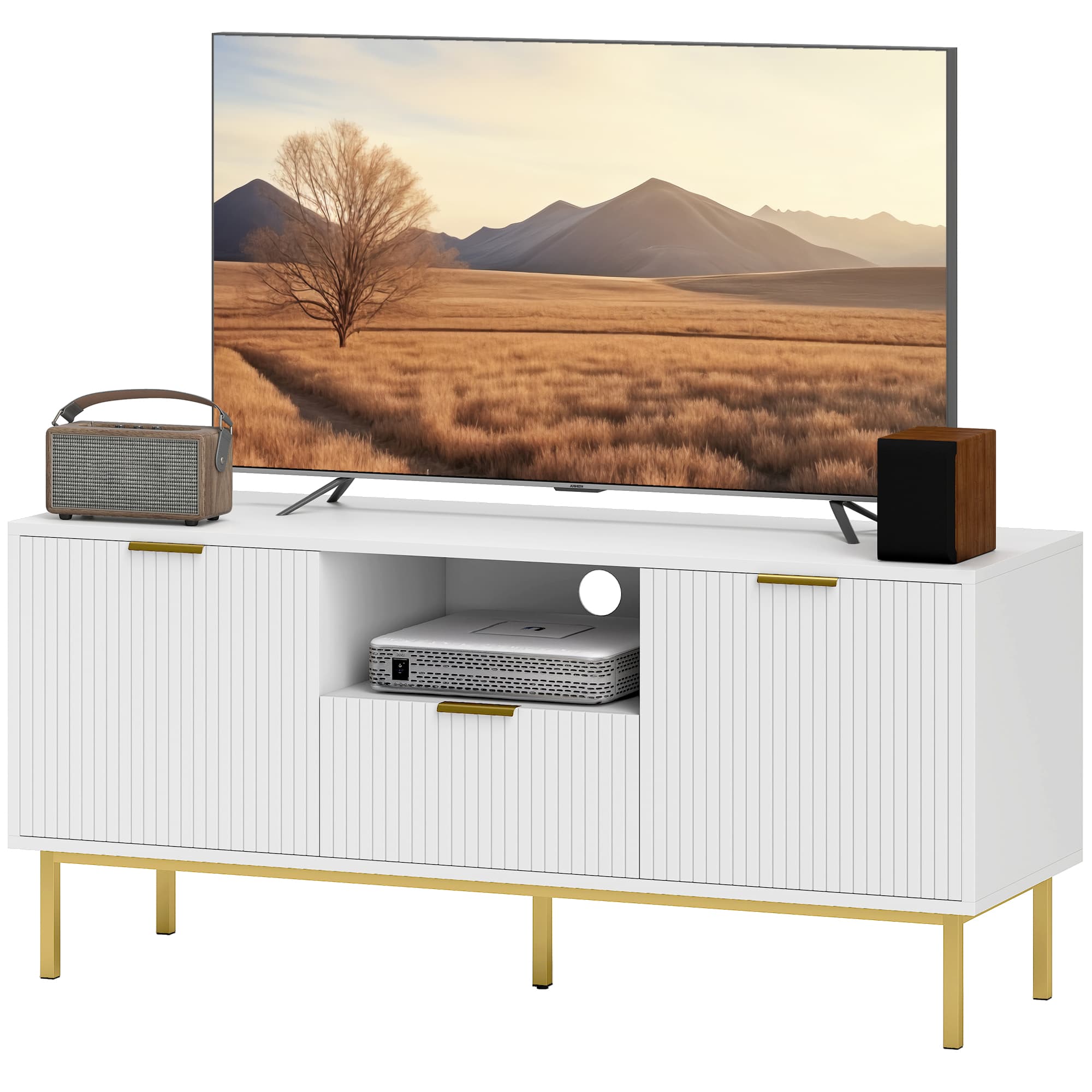HOMCOM Meuble TV, meuble télé pour 40 pouces avec 2 portes à fermeture douce, tiroir et compartiment ouvert, 120x39x54cm, blanc