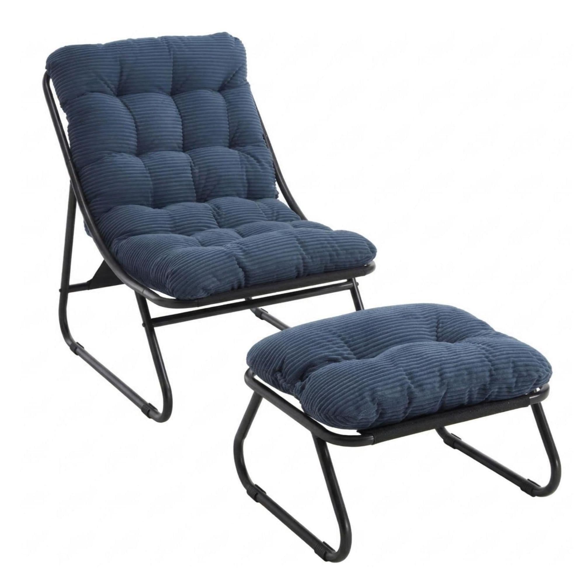 Fauteuil lounge d'extérieur avec pouf, coussin rembourré, tissu sling, structure en acier, Bleu marine Aosom FR
