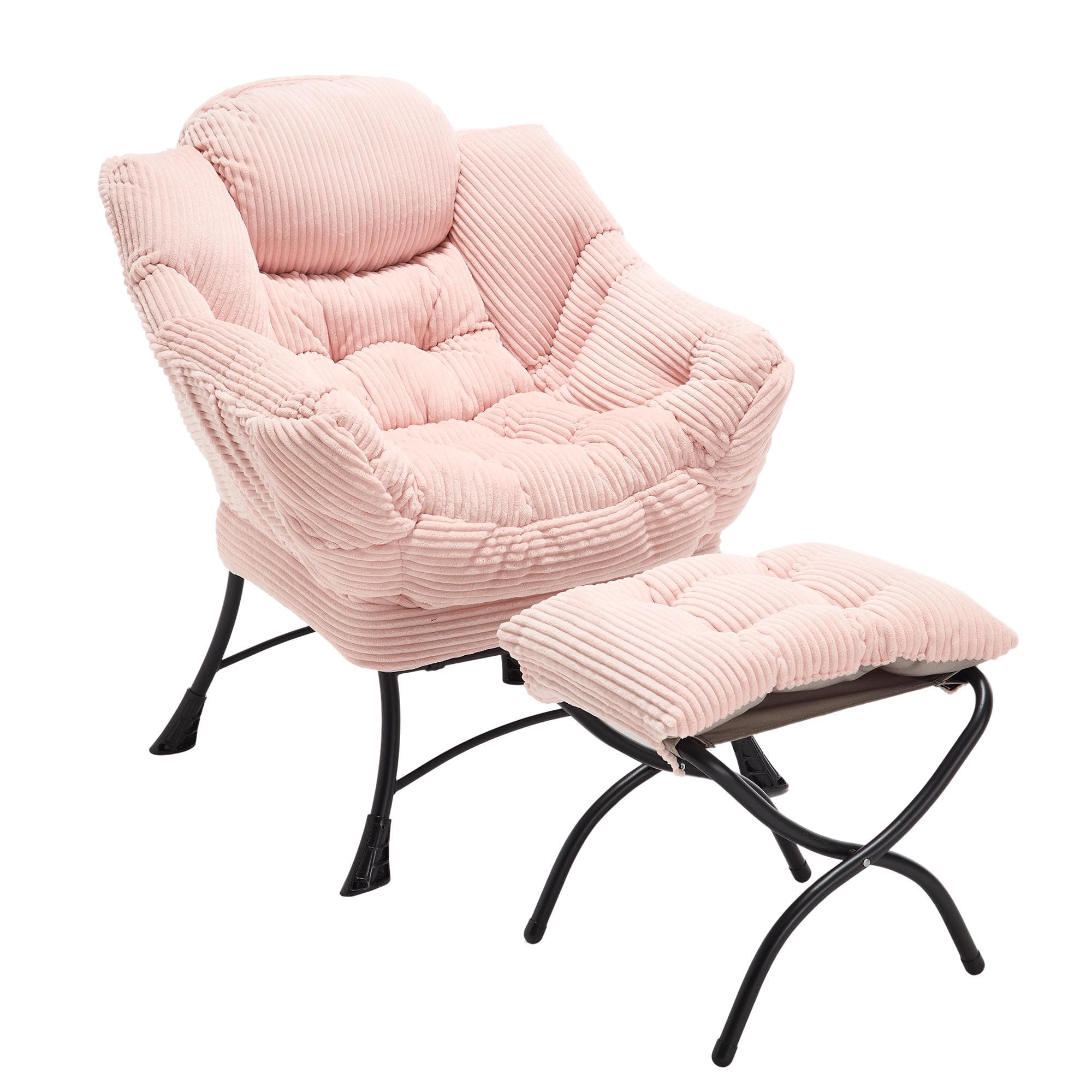 Fauteuil lounge avec pouf, accoudoirs et une poche latérale, revêtement en flanelle, 69,9x64,0x95,0 cm, Rose Aosom FR
